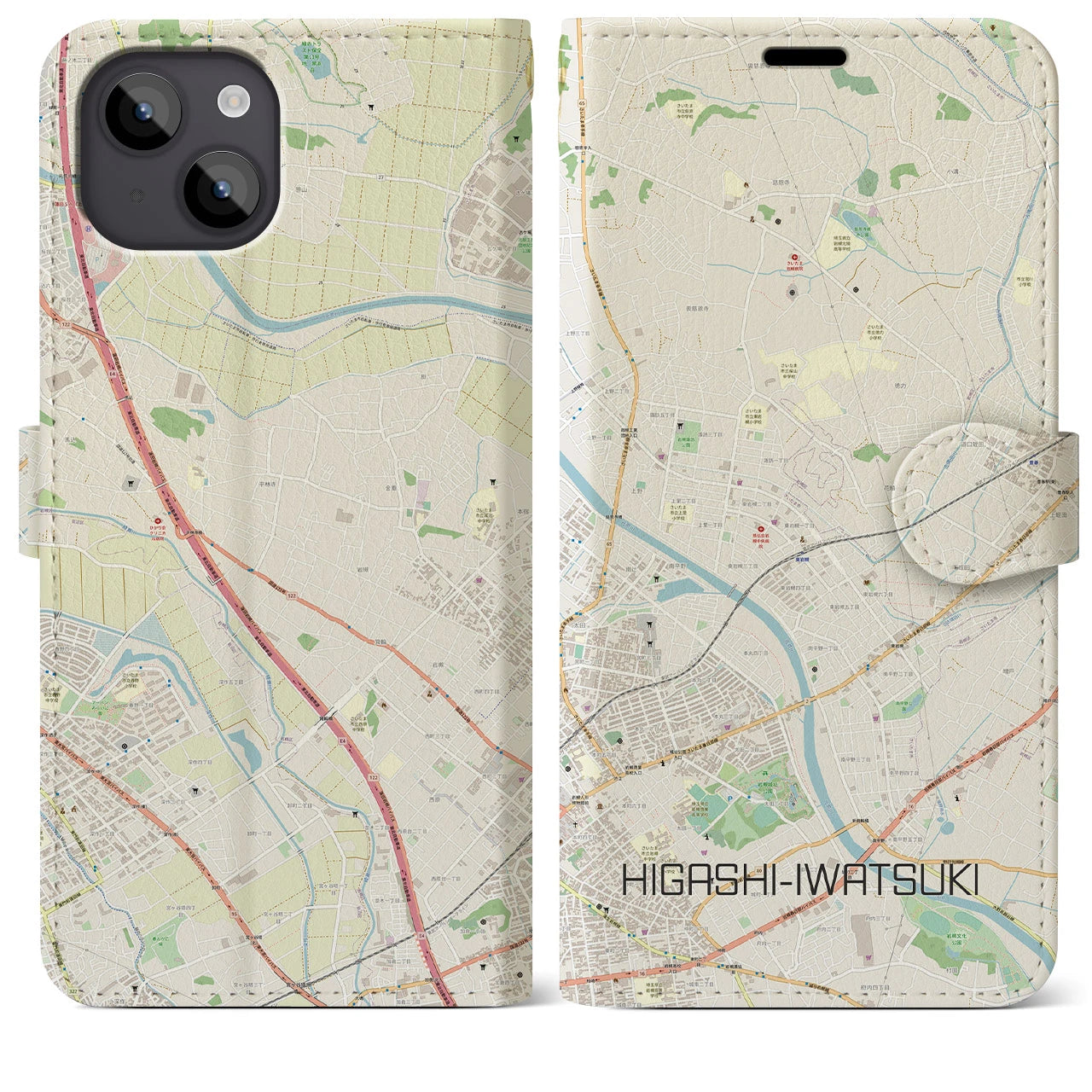 【東岩槻(埼玉県)】地図柄iPhoneケース(手帳タイプ)ナチュラル・iPhone 14 Plus 用