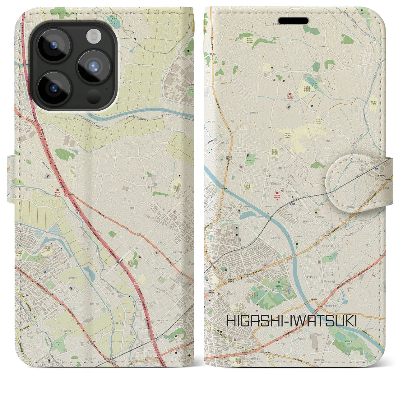 【東岩槻(埼玉県)】地図柄iPhoneケース(手帳タイプ)ナチュラル・iPhone 15 Pro Max 用