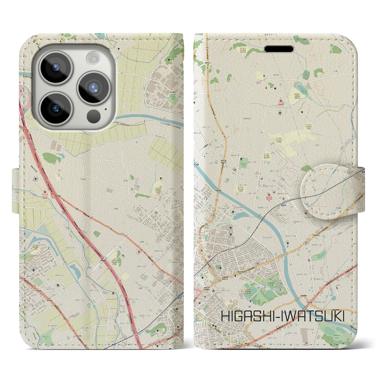 【東岩槻(埼玉県)】地図柄iPhoneケース(手帳タイプ)ナチュラル・iPhone 15 Pro 用
