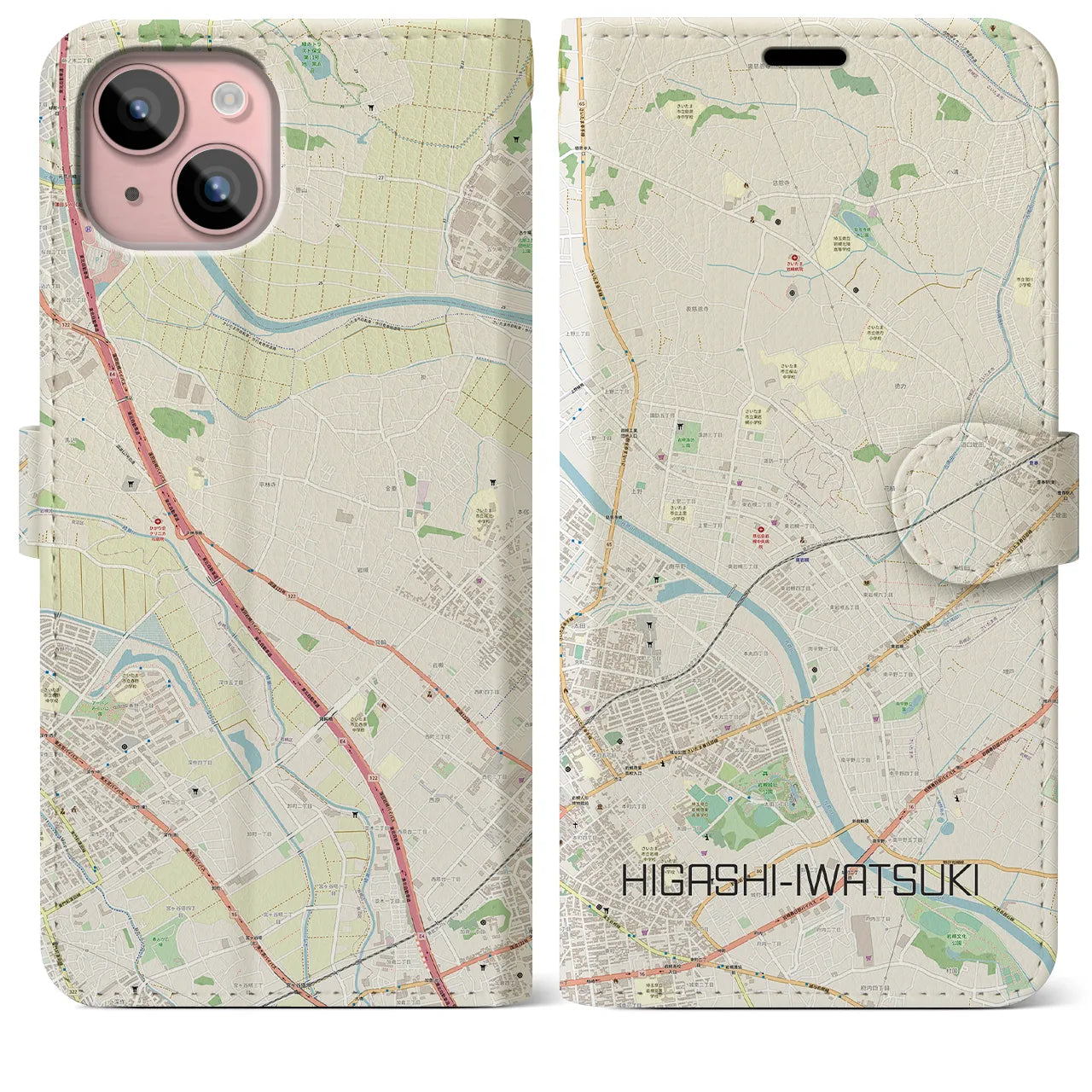 【東岩槻(埼玉県)】地図柄iPhoneケース(手帳タイプ)ナチュラル・iPhone 15 Plus 用