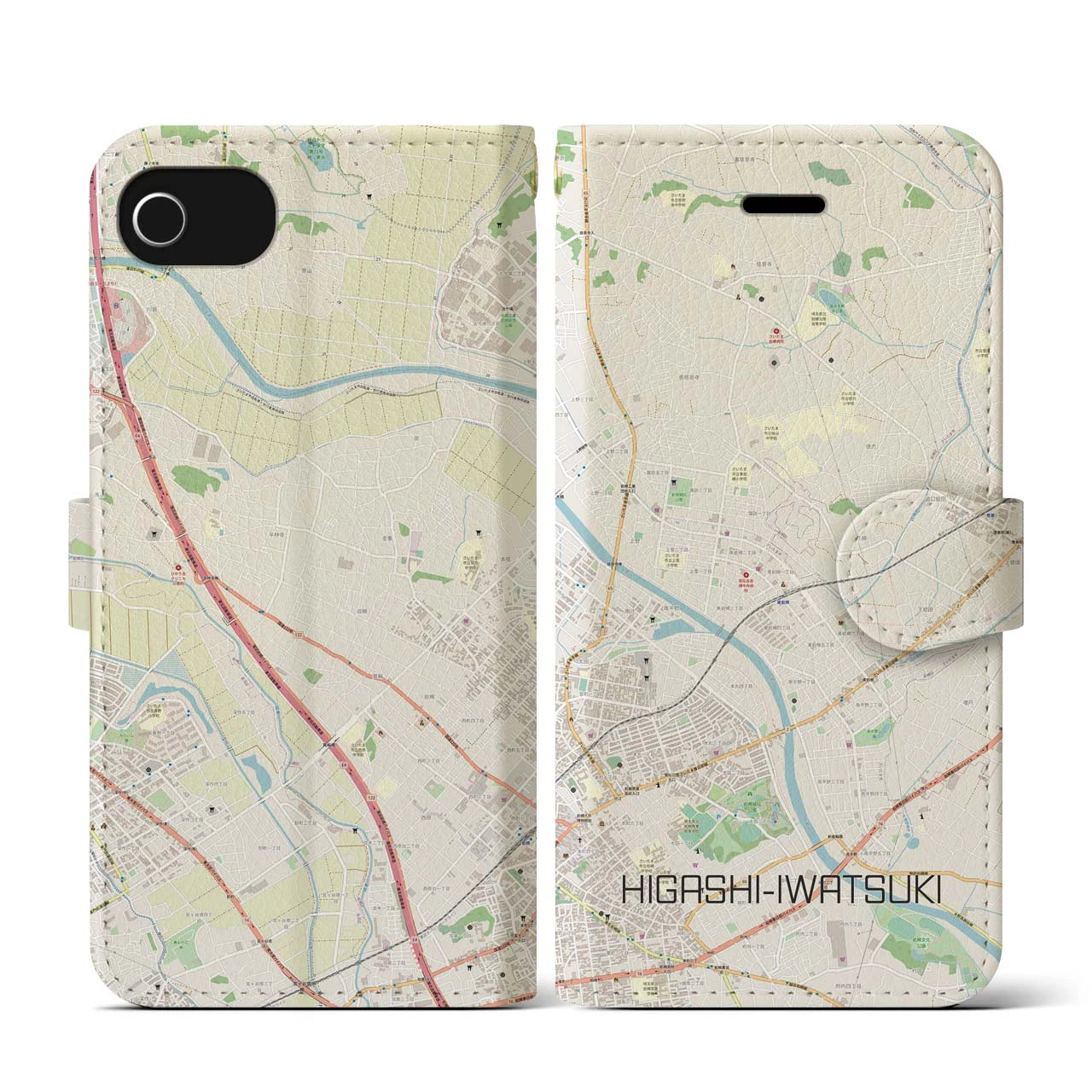 【東岩槻(埼玉県)】地図柄iPhoneケース(手帳タイプ)ナチュラル・iPhone SE(第3 / 第2世代) / 8 / 7 / 6s / 6 用