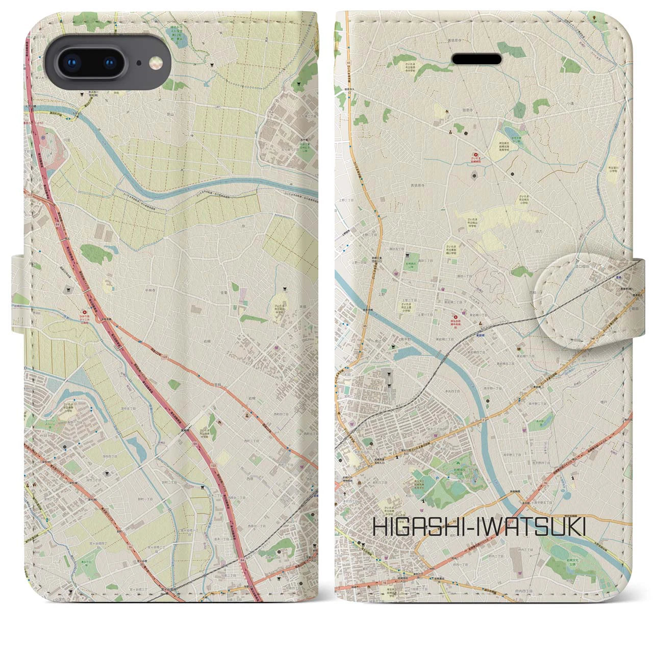 【東岩槻(埼玉県)】地図柄iPhoneケース(手帳タイプ)ナチュラル・iPhone 8Plus /7Plus / 6sPlus / 6Plus 用