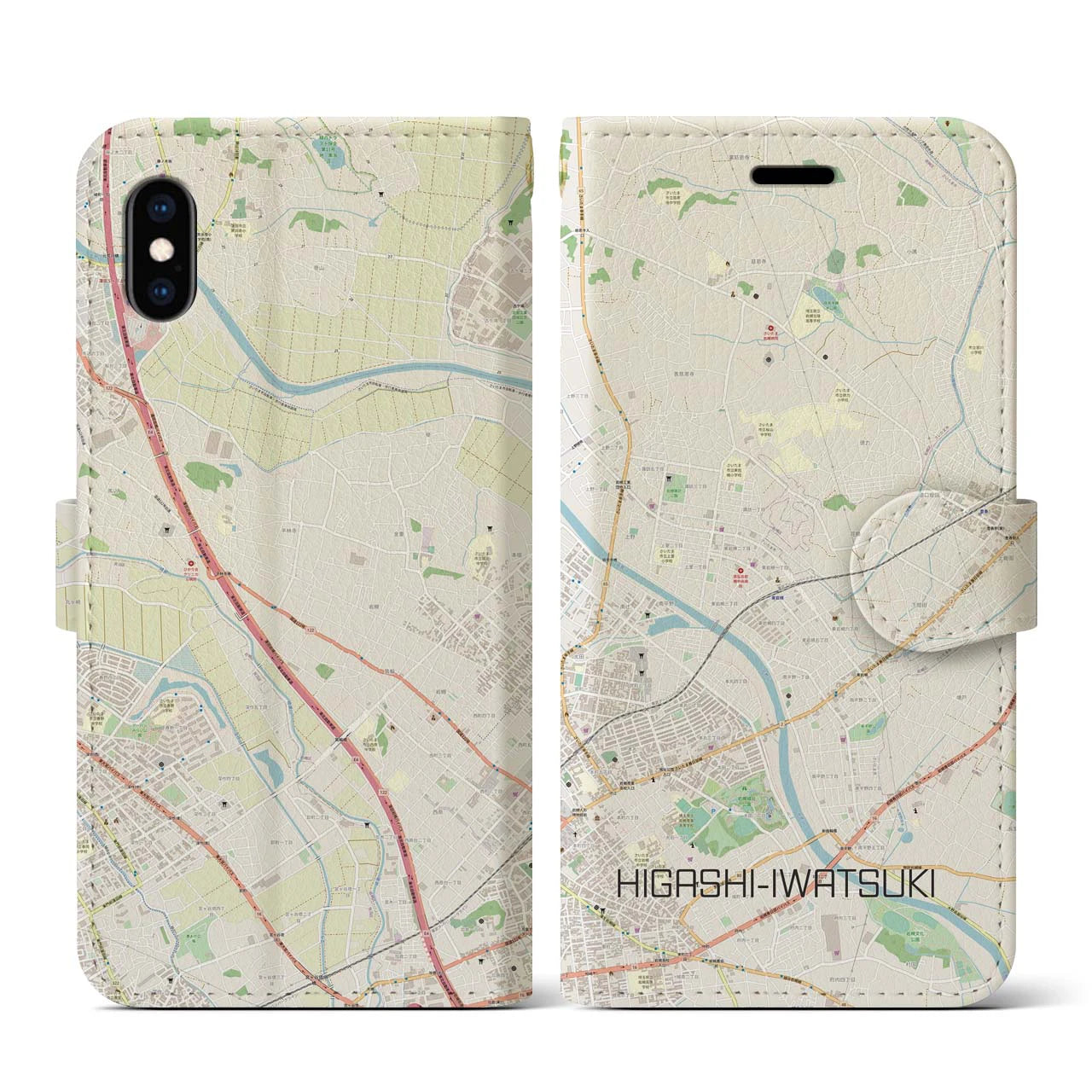 【東岩槻(埼玉県)】地図柄iPhoneケース(手帳タイプ)ナチュラル・iPhone XS / X 用