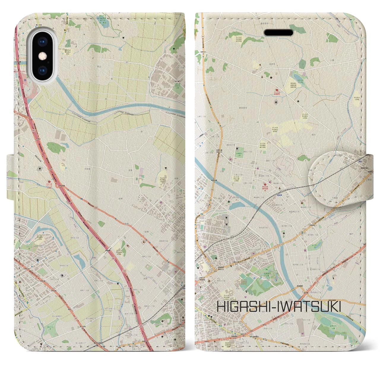 【東岩槻(埼玉県)】地図柄iPhoneケース(手帳タイプ)ナチュラル・iPhone XS Max 用