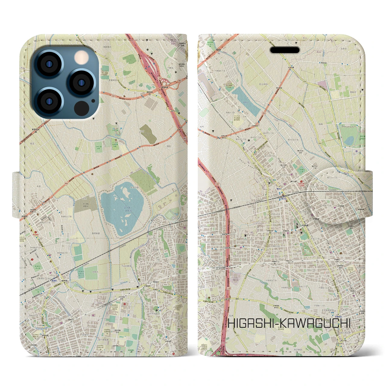【東川口(埼玉県)】地図柄iPhoneケース(手帳タイプ)ナチュラル・iPhone 12 / 12 Pro 用