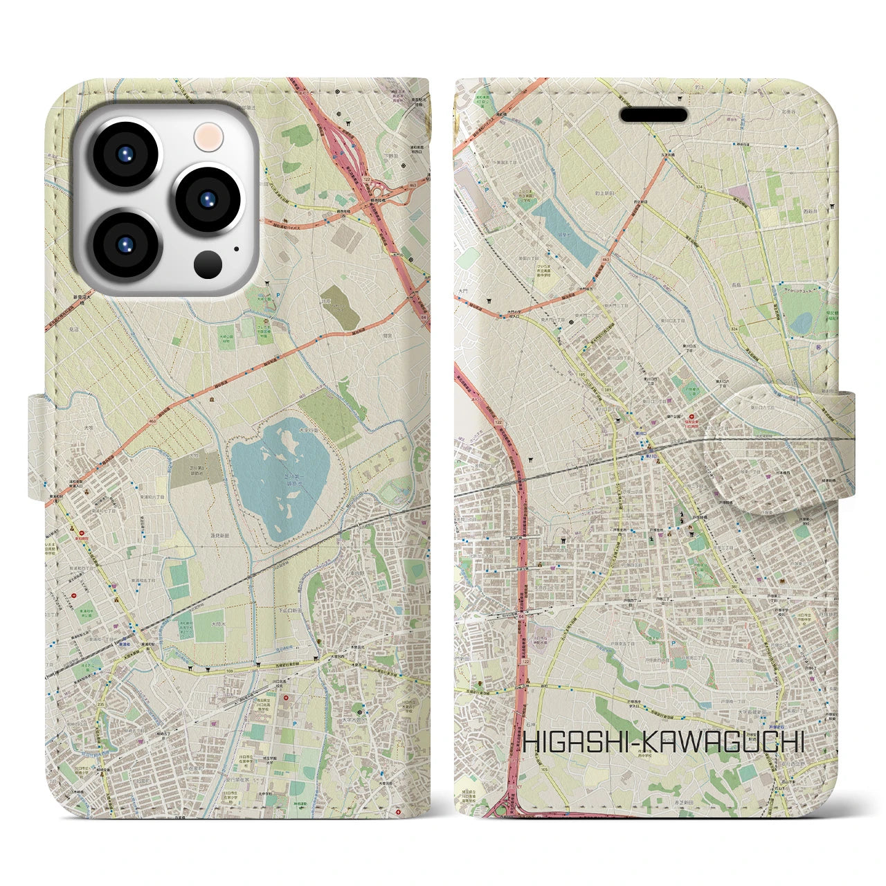 【東川口(埼玉県)】地図柄iPhoneケース(手帳タイプ)ナチュラル・iPhone 13 Pro 用