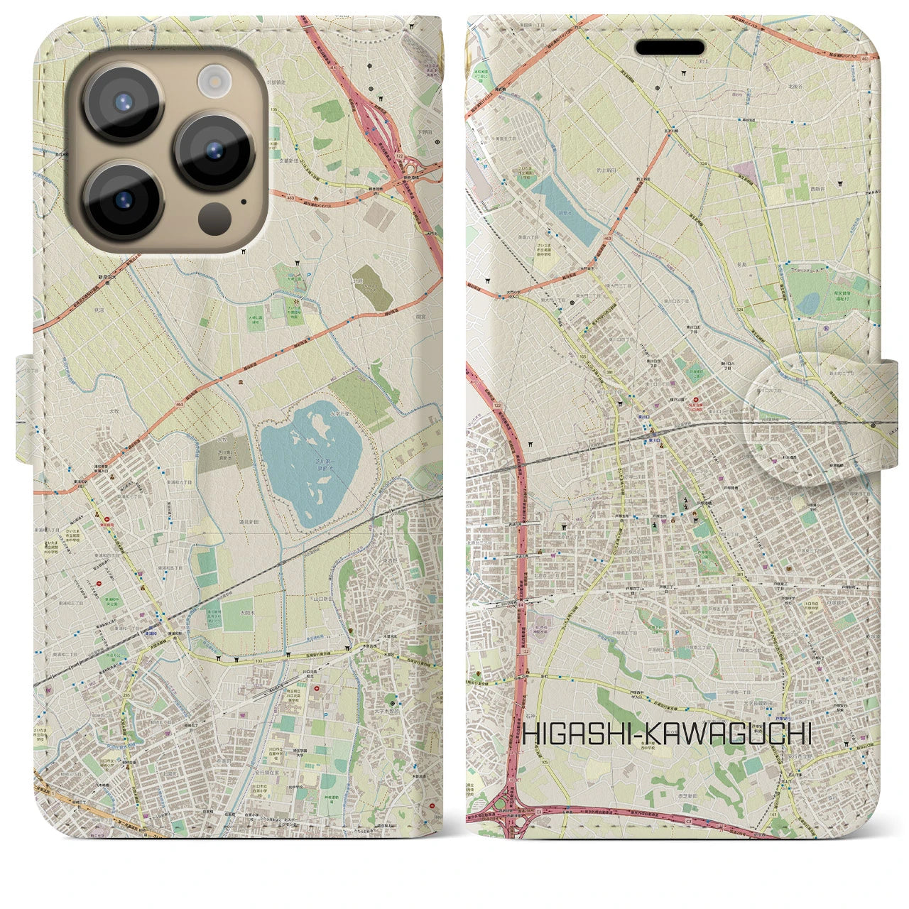 【東川口(埼玉県)】地図柄iPhoneケース(手帳タイプ)ナチュラル・iPhone 14 Pro Max 用