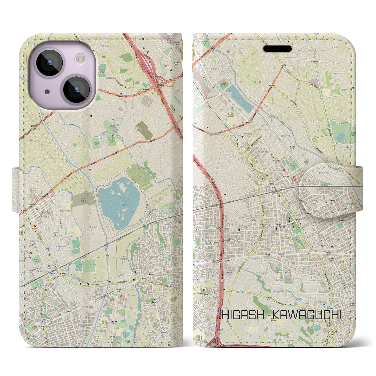 【東川口(埼玉県)】地図柄iPhoneケース(手帳タイプ)ナチュラル・iPhone 14 用