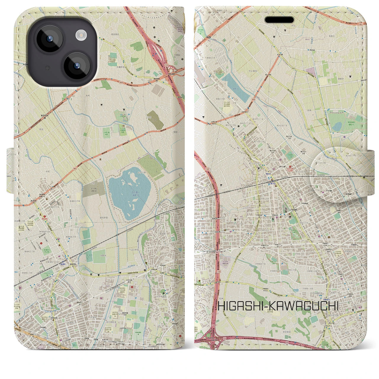 【東川口(埼玉県)】地図柄iPhoneケース(手帳タイプ)ナチュラル・iPhone 14 Plus 用