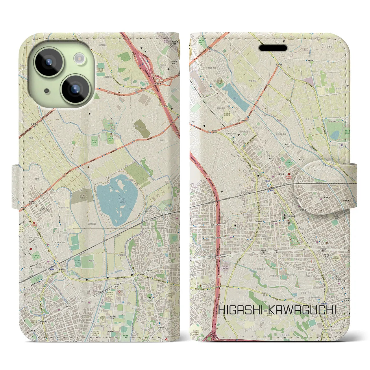【東川口(埼玉県)】地図柄iPhoneケース(手帳タイプ)ナチュラル・iPhone 15 用
