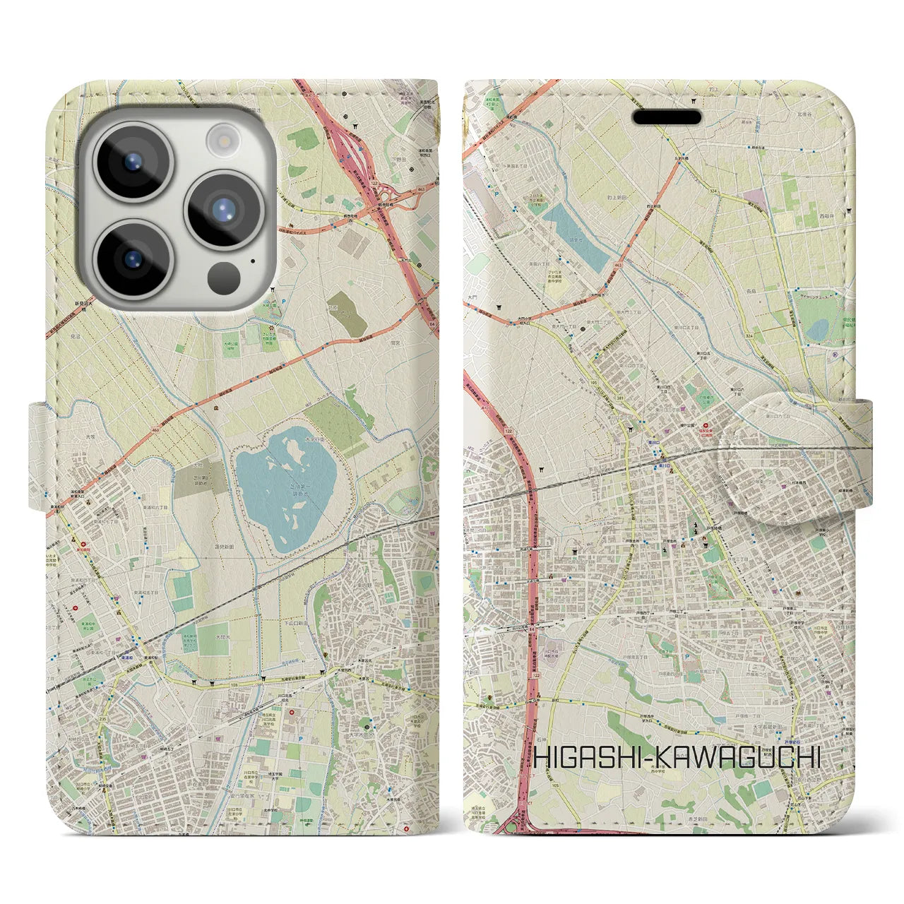【東川口(埼玉県)】地図柄iPhoneケース(手帳タイプ)ナチュラル・iPhone 15 Pro 用