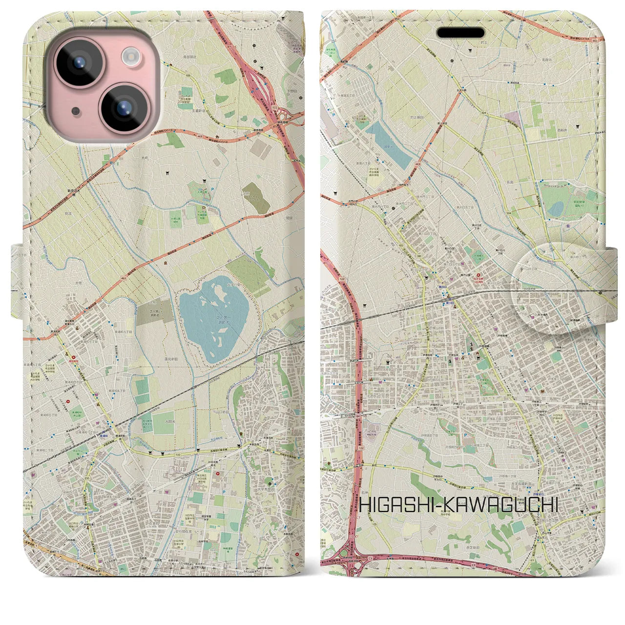 【東川口(埼玉県)】地図柄iPhoneケース(手帳タイプ)ナチュラル・iPhone 15 Plus 用
