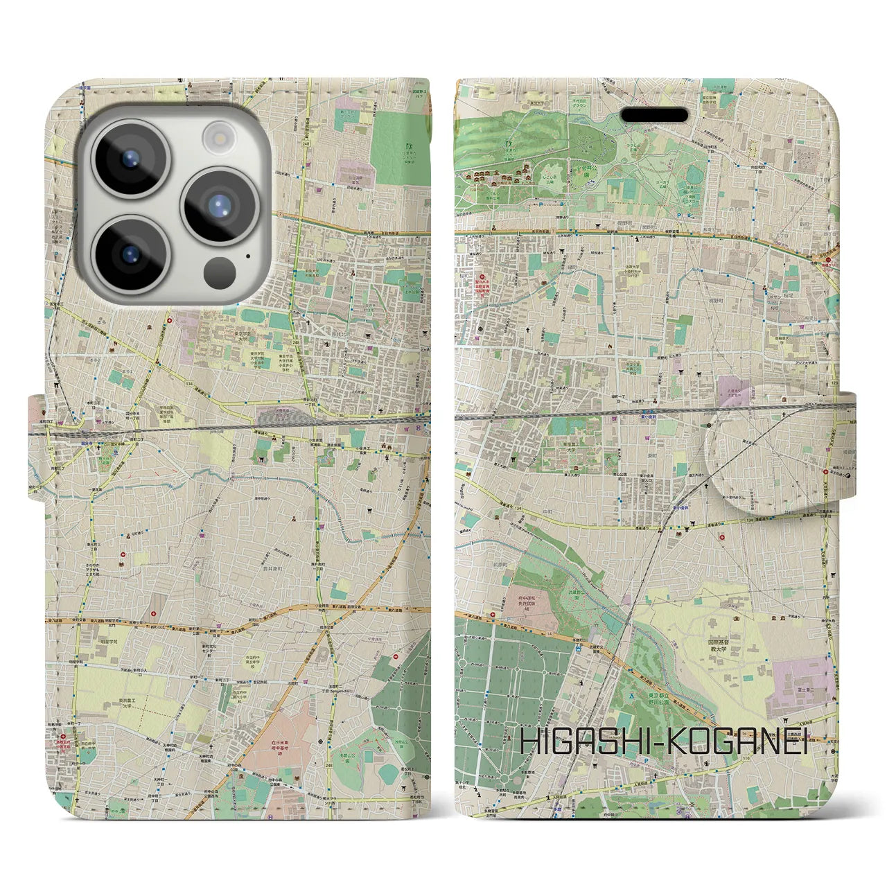 【東小金井(東京都)】地図柄iPhoneケース(手帳タイプ)ナチュラル・iPhone 15 Pro 用
