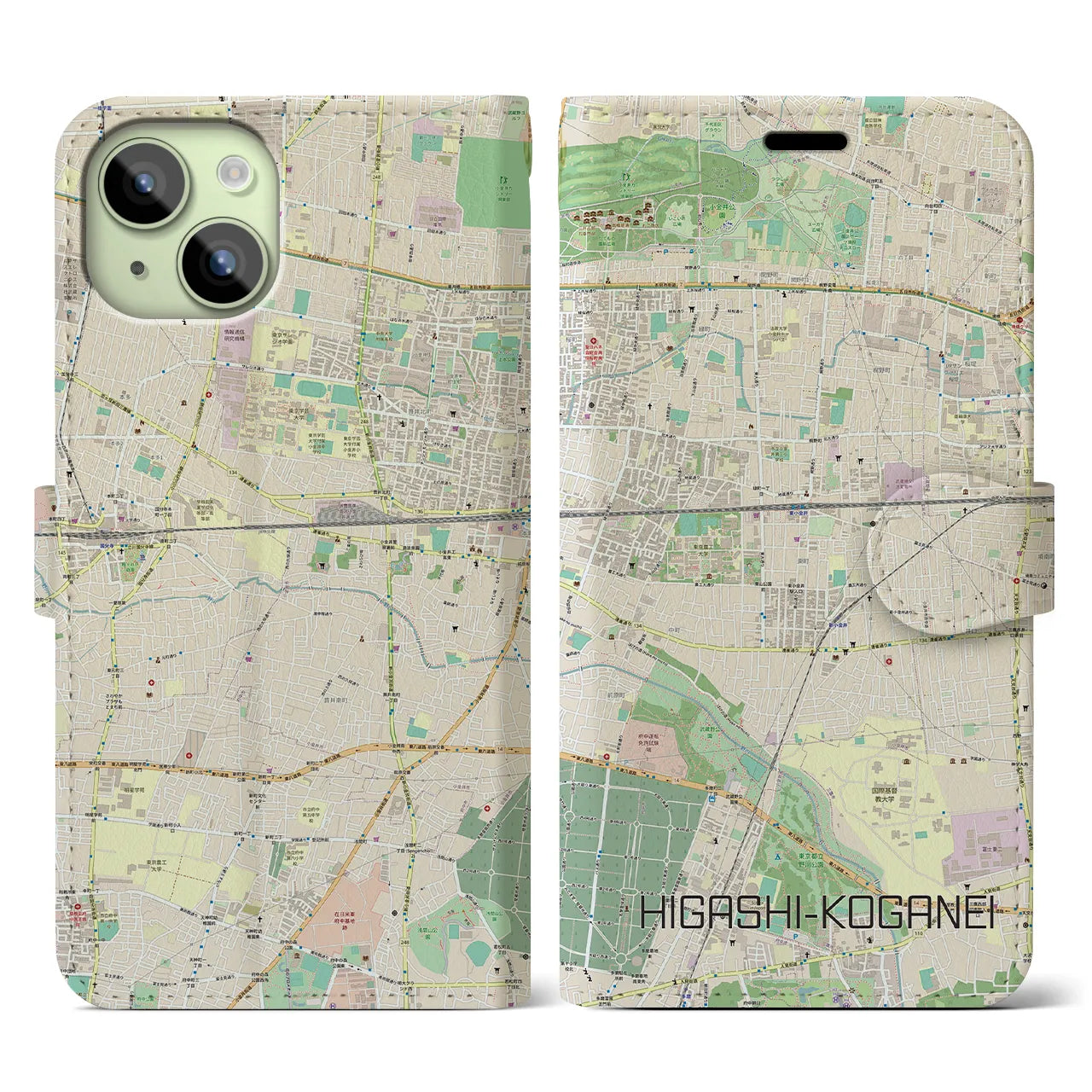 【東小金井(東京都)】地図柄iPhoneケース(手帳タイプ)ナチュラル・iPhone 15 用