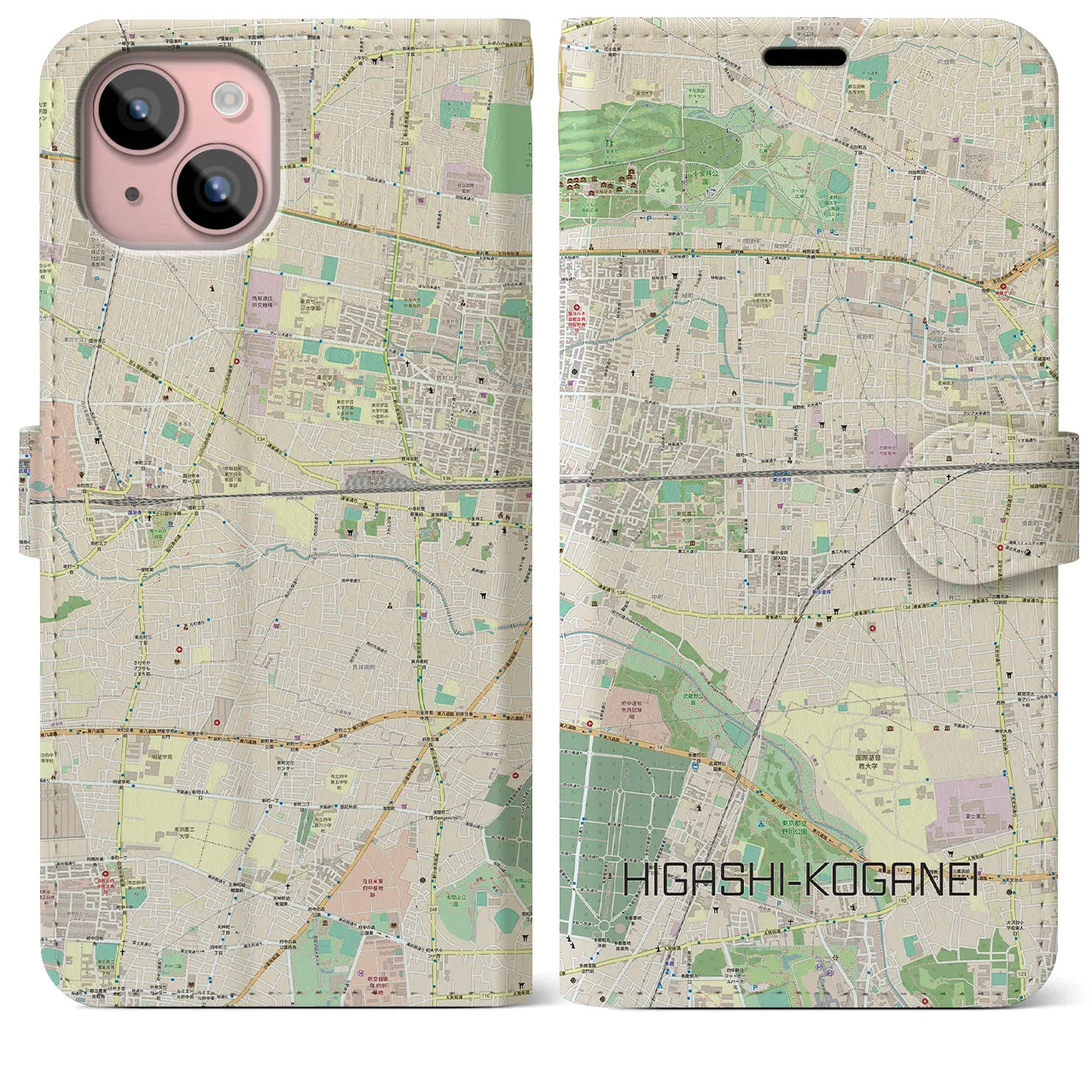 【東小金井(東京都)】地図柄iPhoneケース(手帳タイプ)ナチュラル・iPhone 15 Plus 用