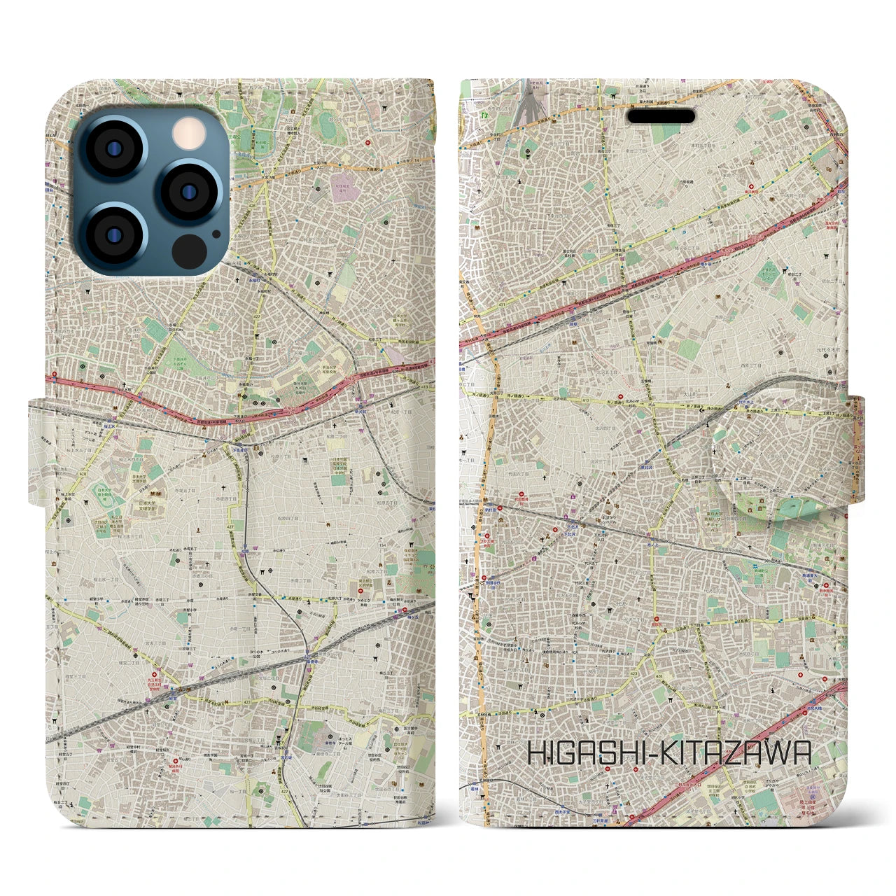 【東北沢(東京都)】地図柄iPhoneケース(手帳タイプ)ナチュラル・iPhone 12 / 12 Pro 用