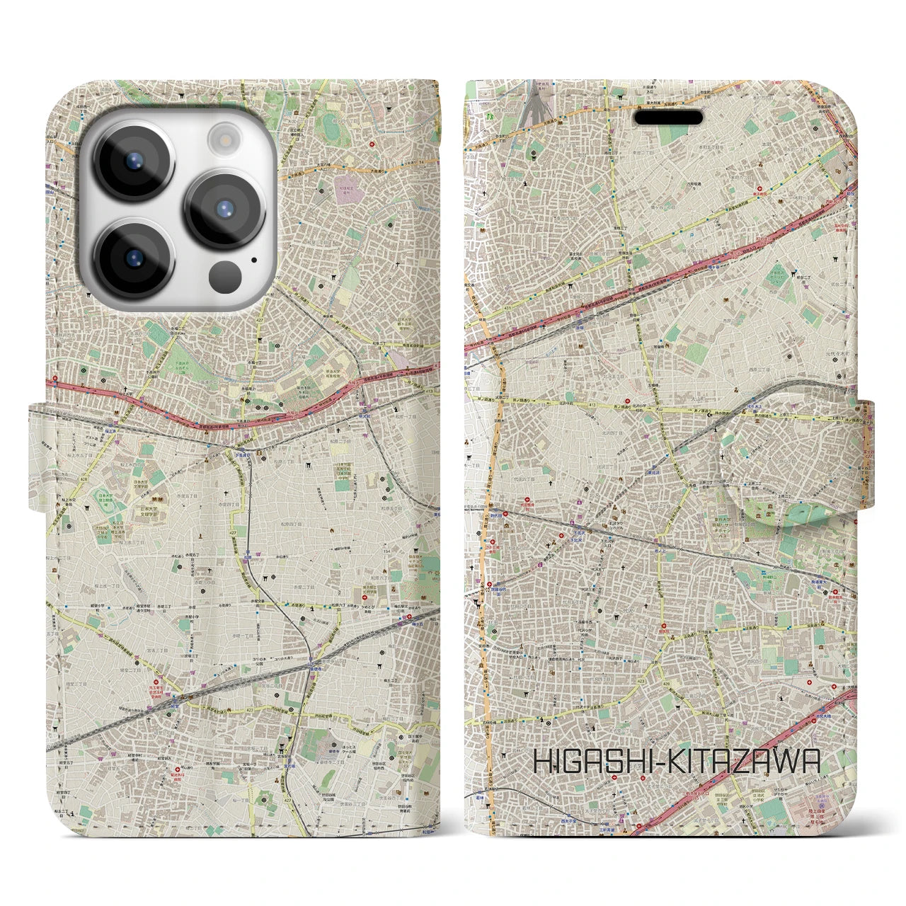 【東北沢(東京都)】地図柄iPhoneケース(手帳タイプ)ナチュラル・iPhone 14 Pro 用