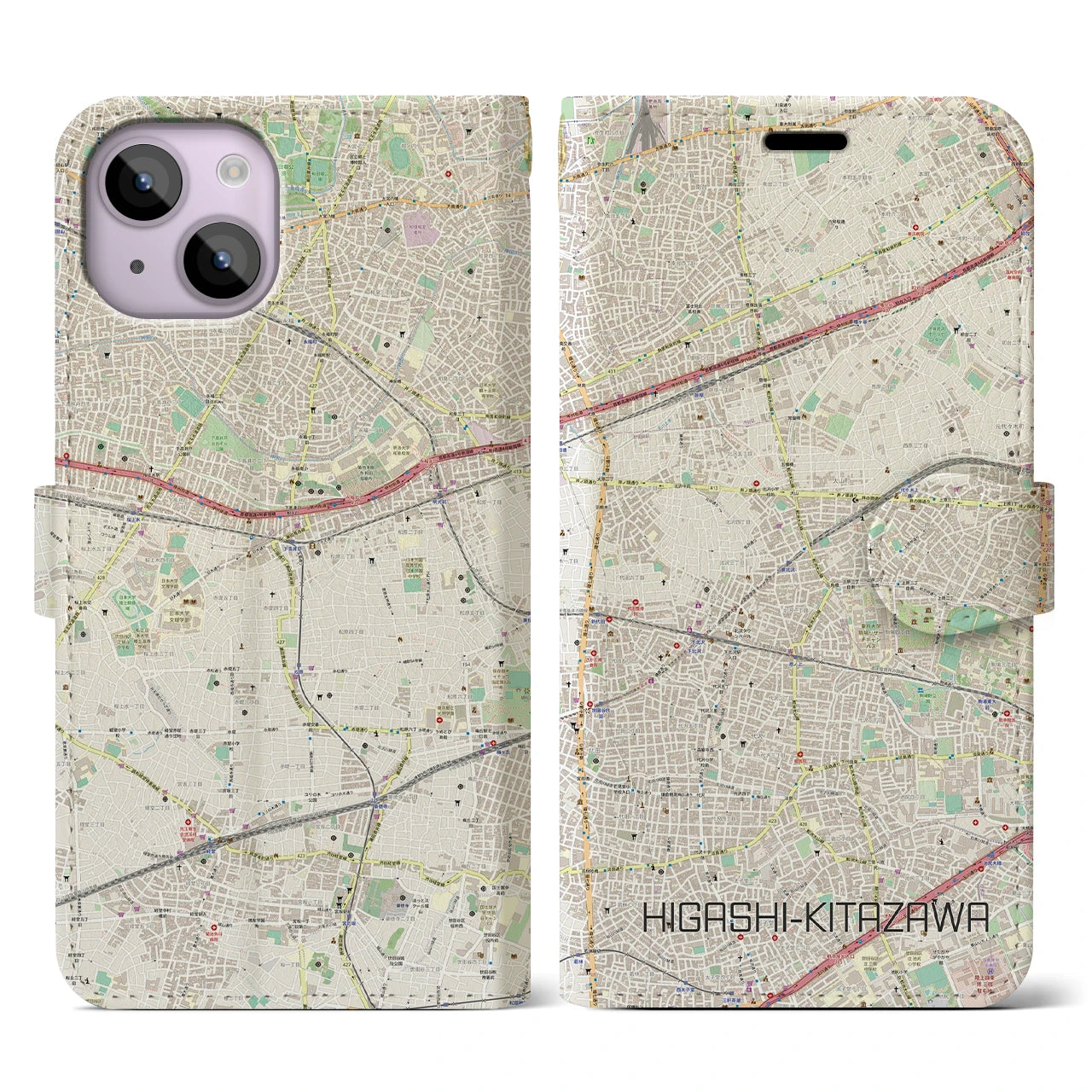 【東北沢(東京都)】地図柄iPhoneケース(手帳タイプ)ナチュラル・iPhone 14 用