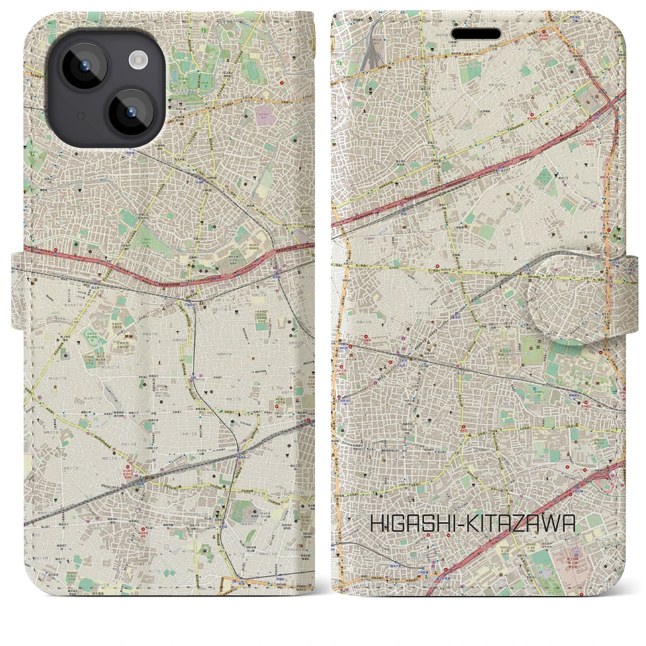 【東北沢(東京都)】地図柄iPhoneケース(手帳タイプ)ナチュラル・iPhone 14 Plus 用