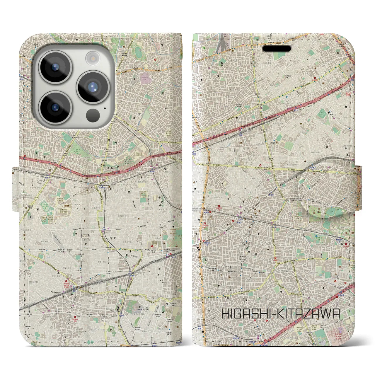 【東北沢(東京都)】地図柄iPhoneケース(手帳タイプ)ナチュラル・iPhone 15 Pro 用