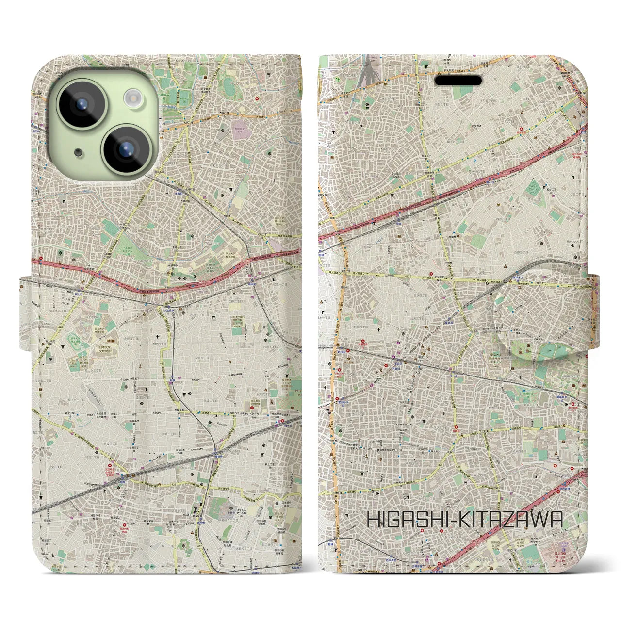 【東北沢(東京都)】地図柄iPhoneケース(手帳タイプ)ナチュラル・iPhone 15 用