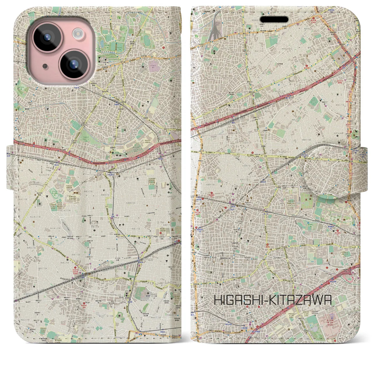 【東北沢(東京都)】地図柄iPhoneケース(手帳タイプ)ナチュラル・iPhone 15 Plus 用