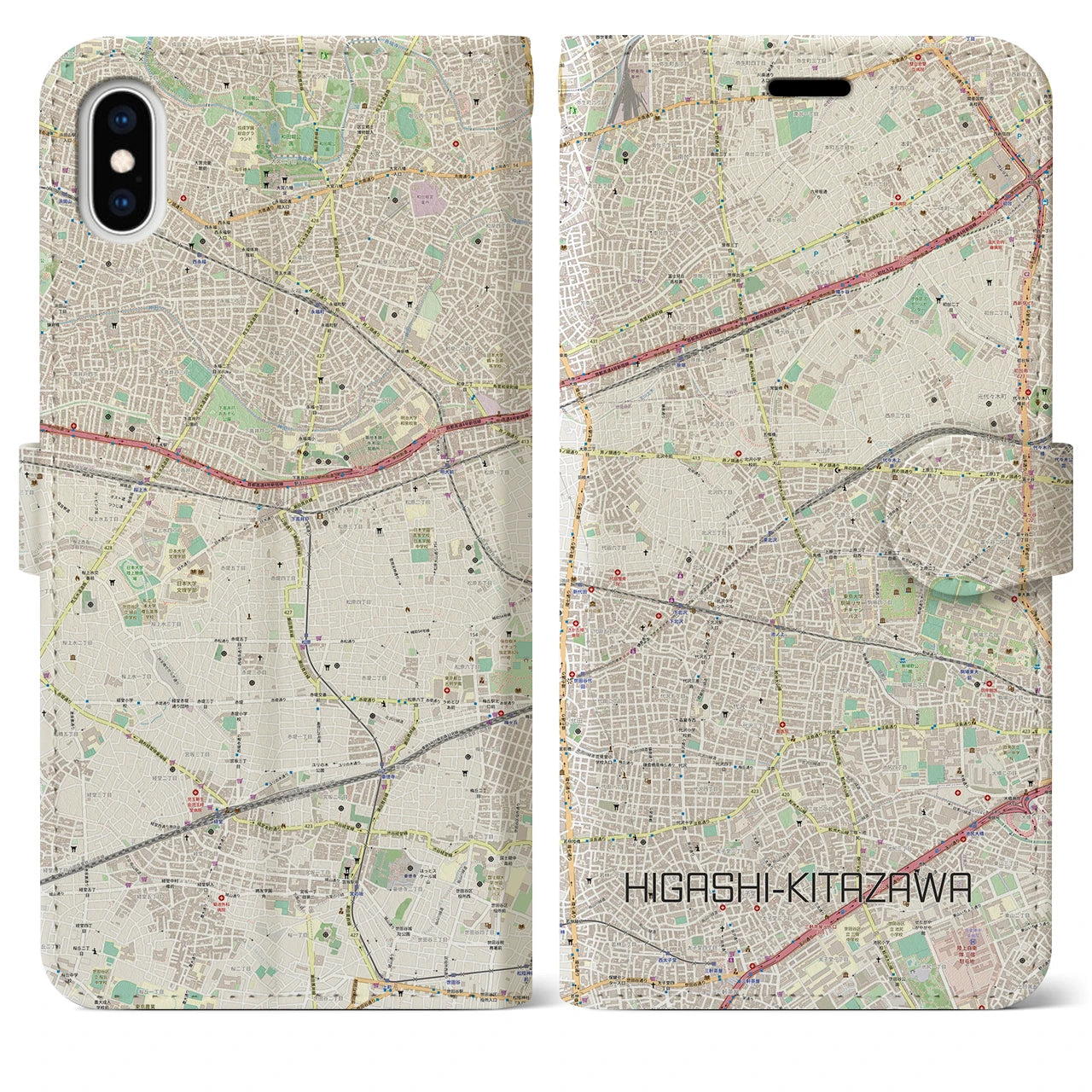 【東北沢(東京都)】地図柄iPhoneケース(手帳タイプ)ナチュラル・iPhone XS Max 用