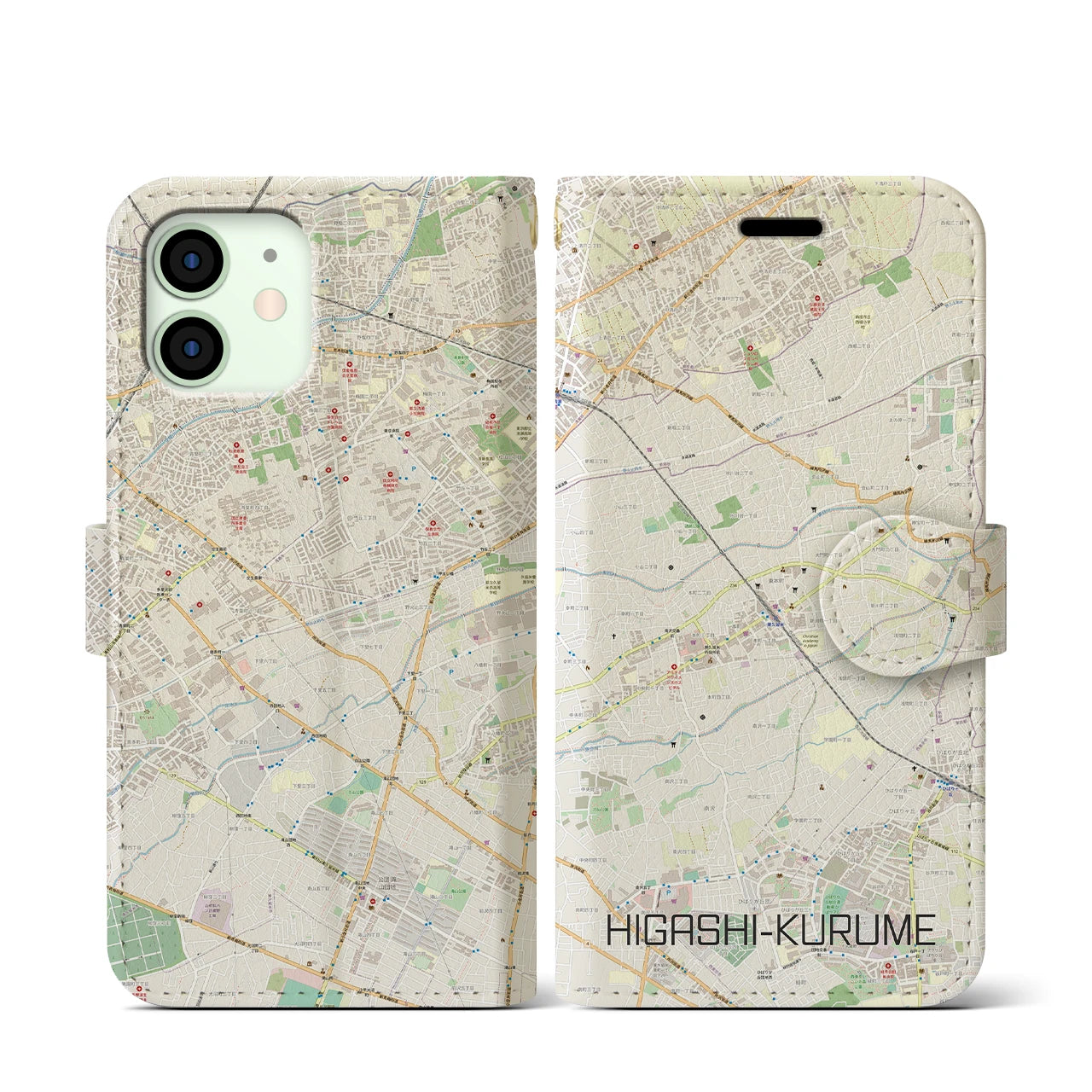 【東久留米(東京都)】地図柄iPhoneケース(手帳タイプ)ナチュラル・iPhone 12 mini 用