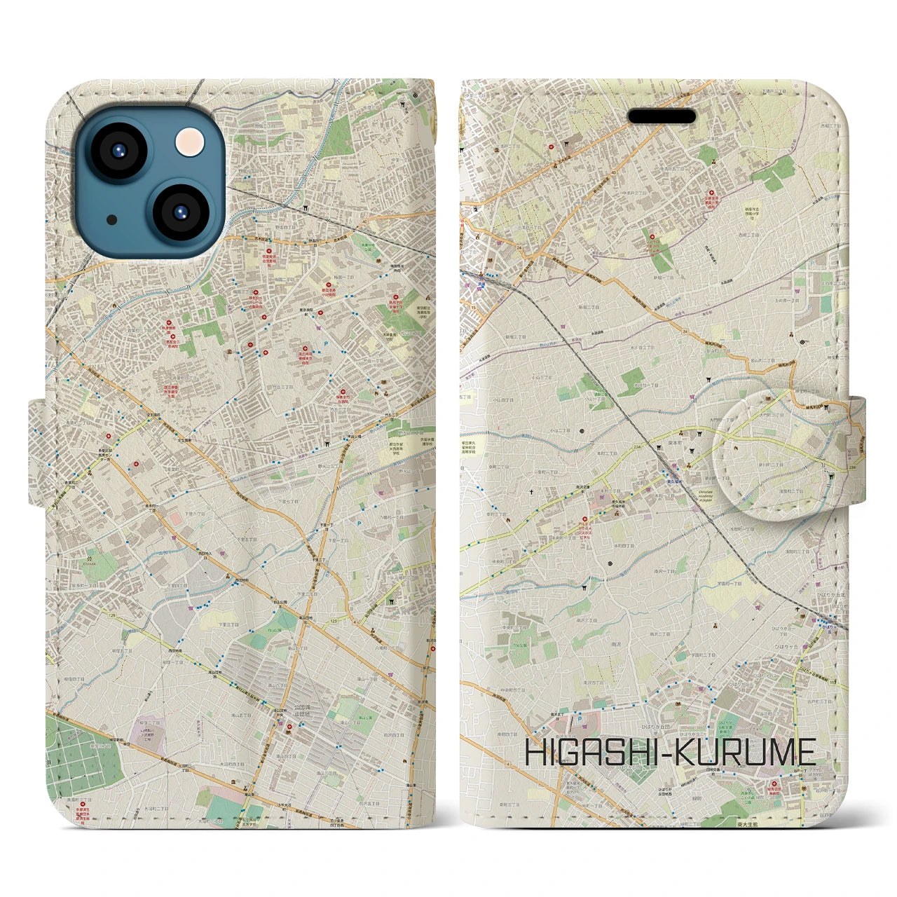 【東久留米(東京都)】地図柄iPhoneケース(手帳タイプ)ナチュラル・iPhone 13 用