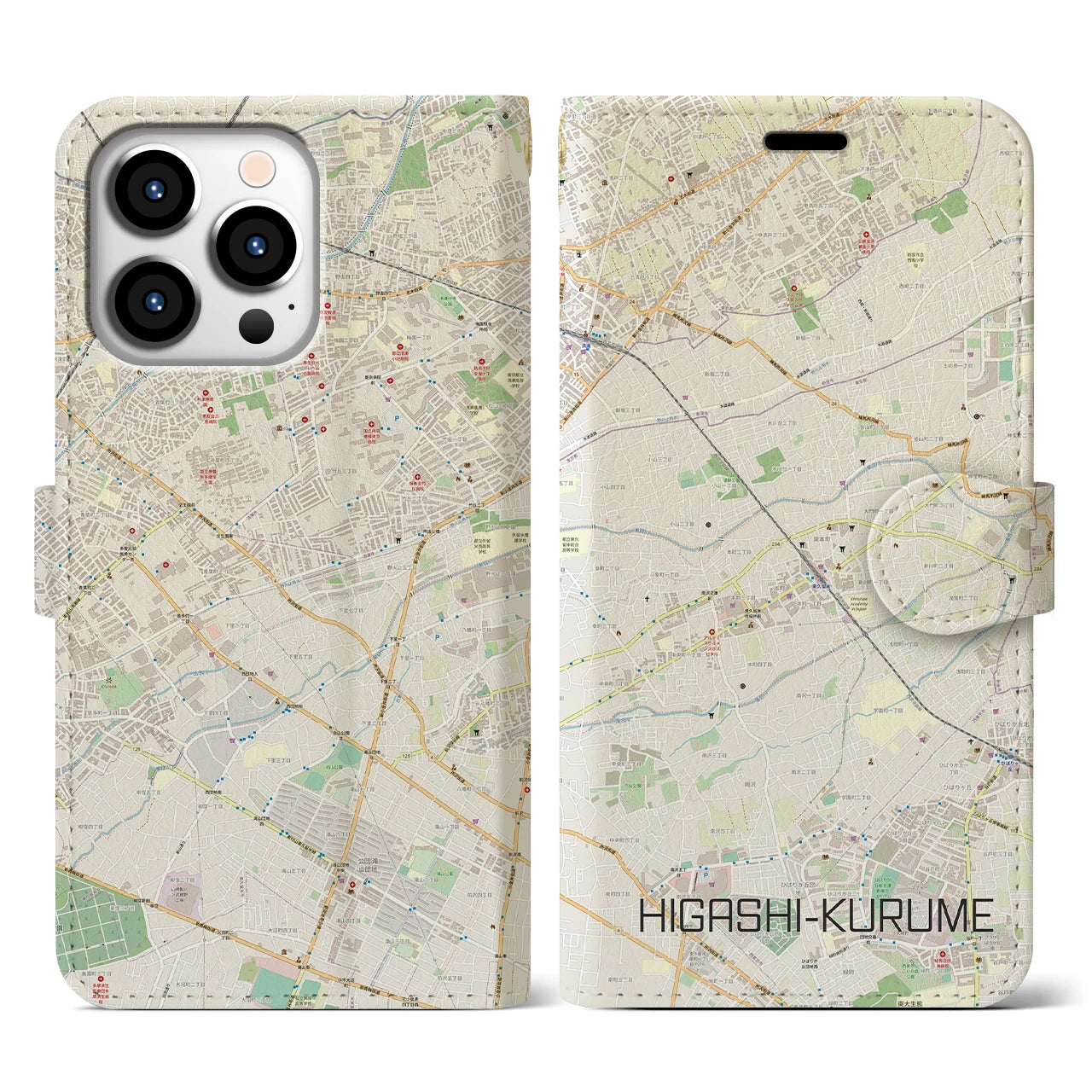 【東久留米(東京都)】地図柄iPhoneケース(手帳タイプ)ナチュラル・iPhone 13 Pro 用