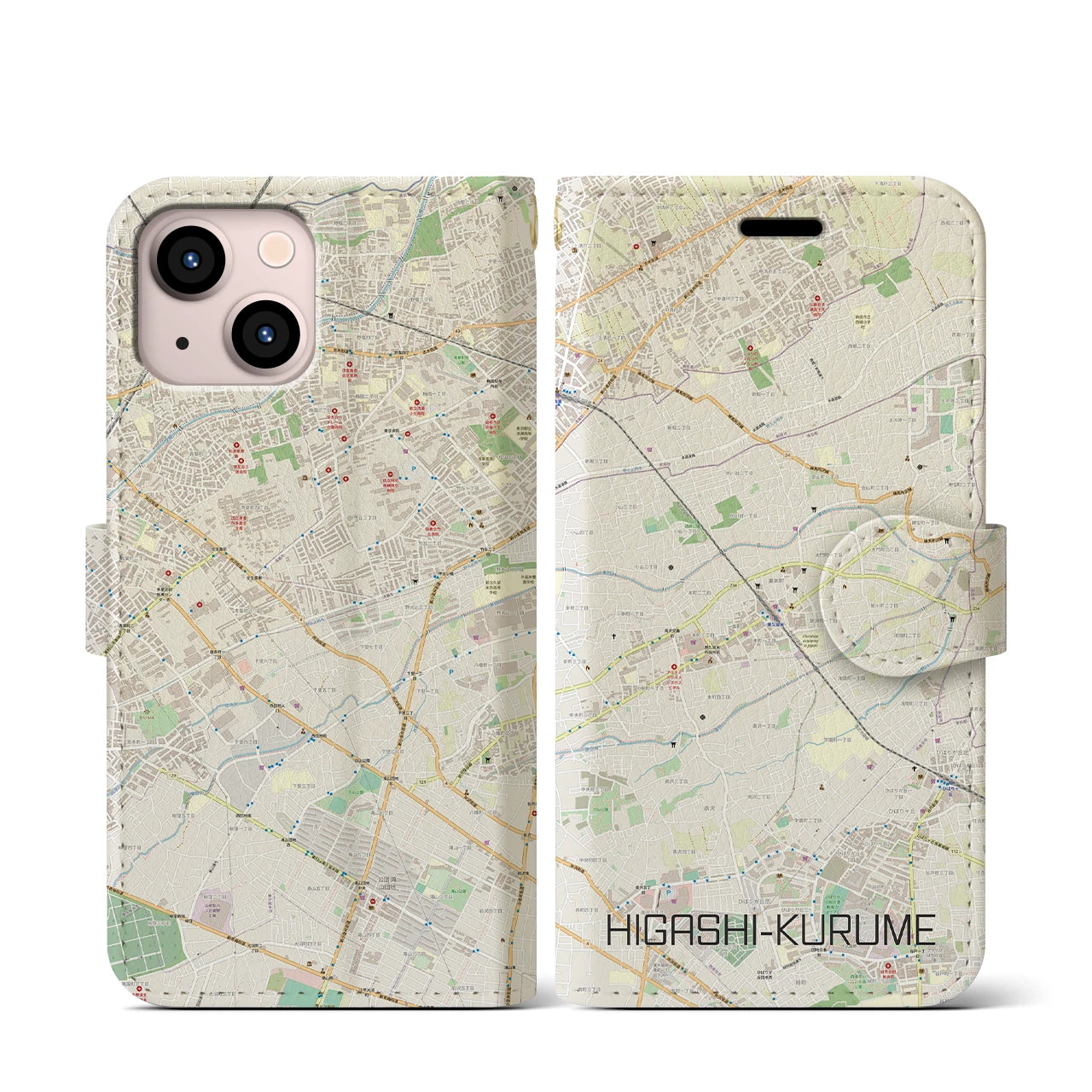 【東久留米(東京都)】地図柄iPhoneケース(手帳タイプ)ナチュラル・iPhone 13 mini 用