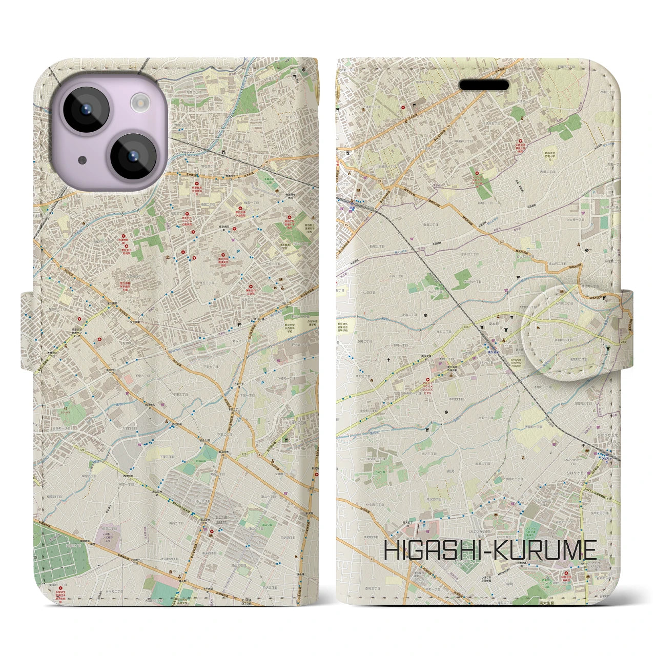 【東久留米(東京都)】地図柄iPhoneケース(手帳タイプ)ナチュラル・iPhone 14 用