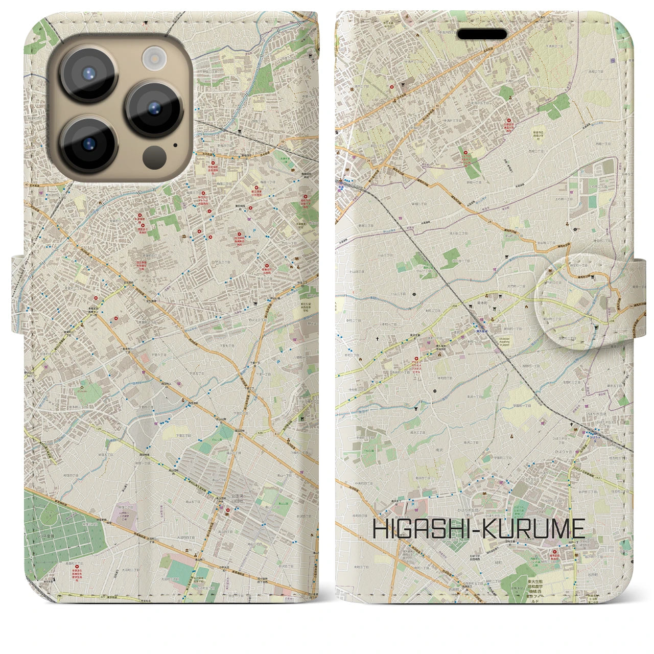 【東久留米(東京都)】地図柄iPhoneケース(手帳タイプ)ナチュラル・iPhone 14 Pro Max 用