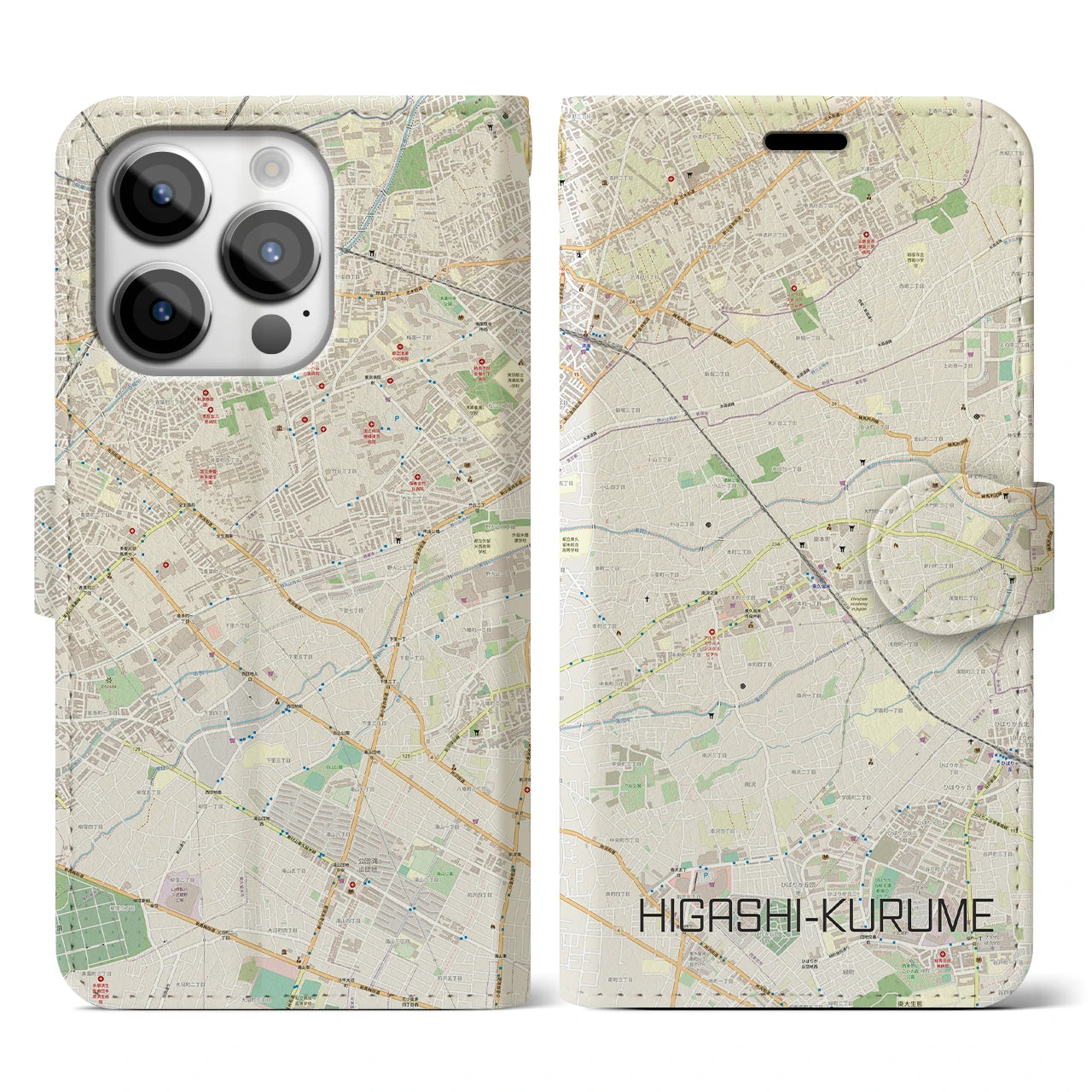 【東久留米(東京都)】地図柄iPhoneケース(手帳タイプ)ナチュラル・iPhone 14 Pro 用