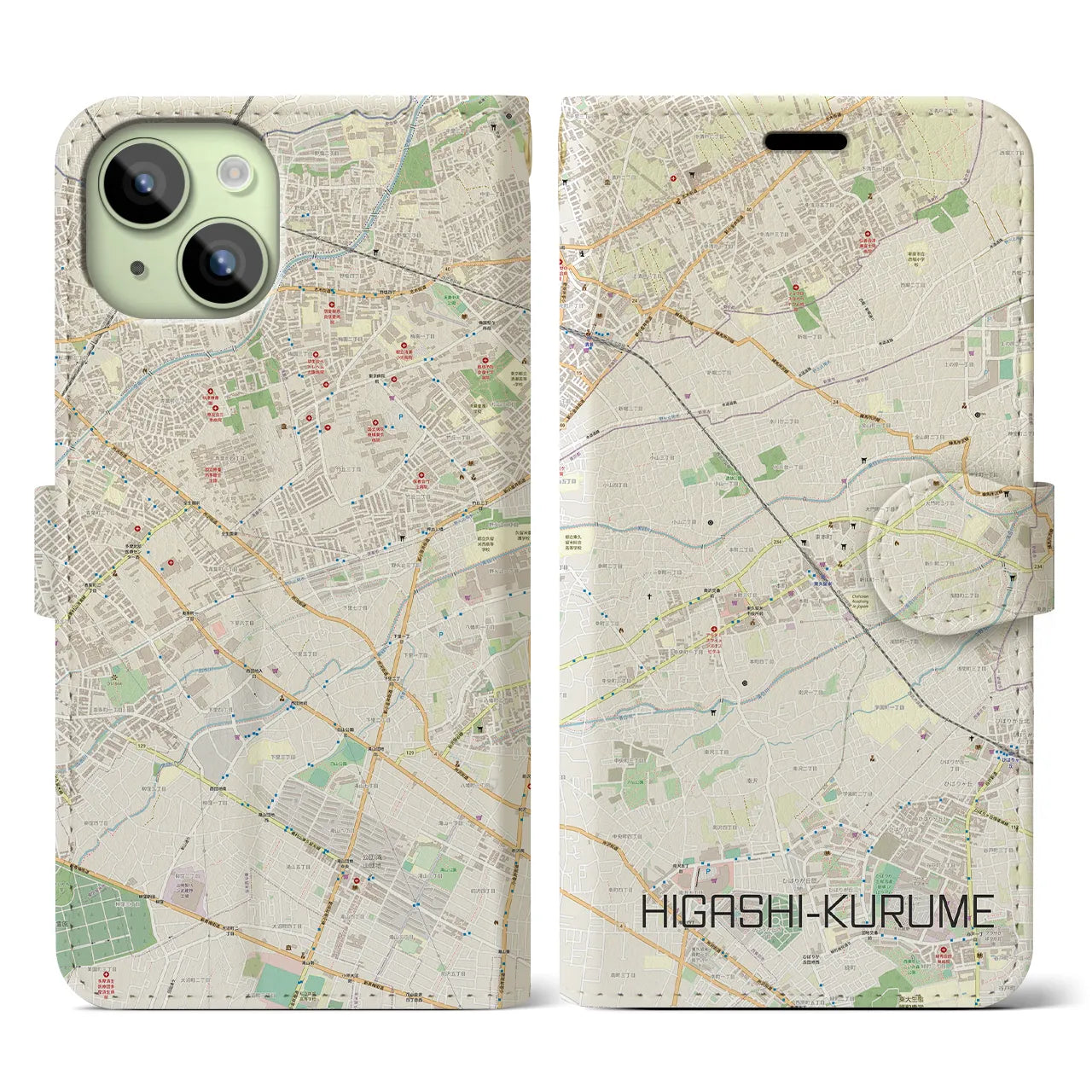 【東久留米(東京都)】地図柄iPhoneケース(手帳タイプ)ナチュラル・iPhone 15 用