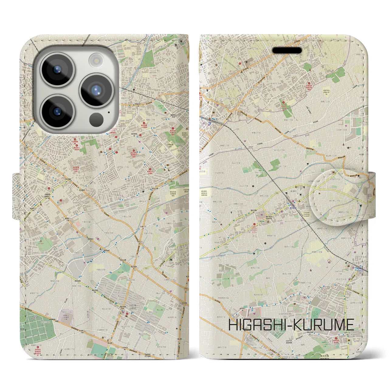 【東久留米(東京都)】地図柄iPhoneケース(手帳タイプ)ナチュラル・iPhone 15 Pro 用
