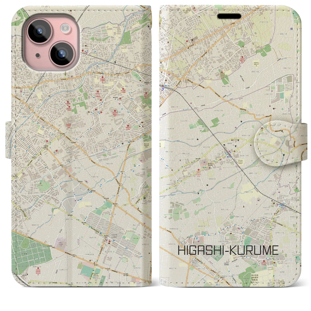 【東久留米(東京都)】地図柄iPhoneケース(手帳タイプ)ナチュラル・iPhone 15 Plus 用