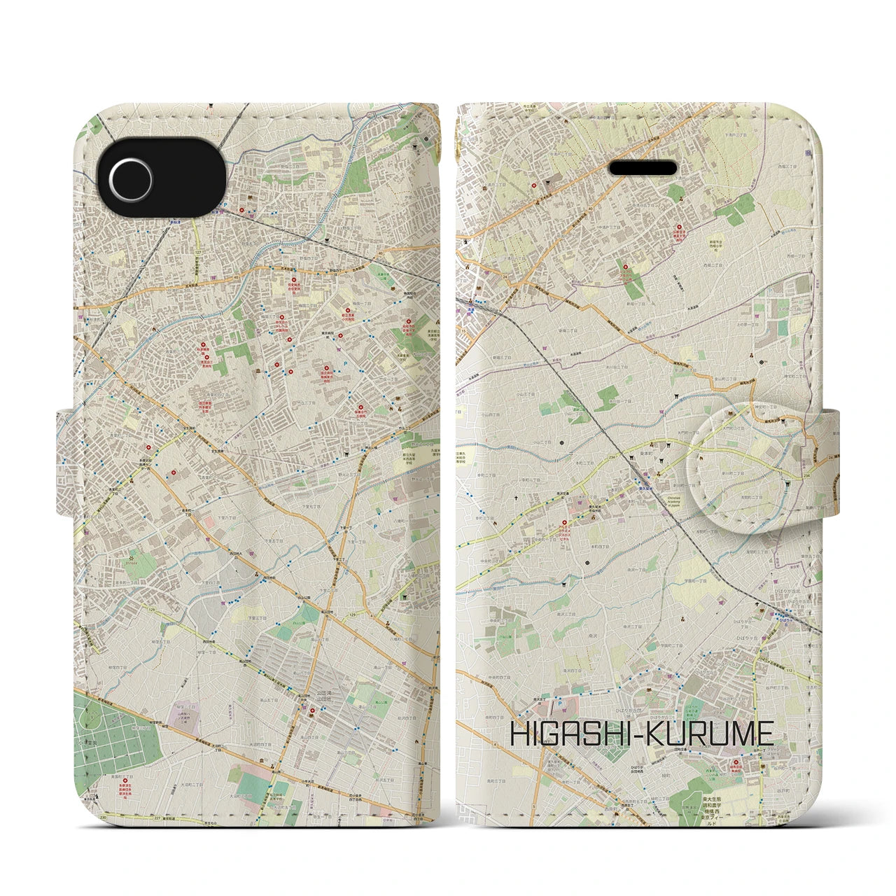 【東久留米(東京都)】地図柄iPhoneケース(手帳タイプ)ナチュラル・iPhone SE(第3 / 第2世代) / 8 / 7 / 6s / 6 用