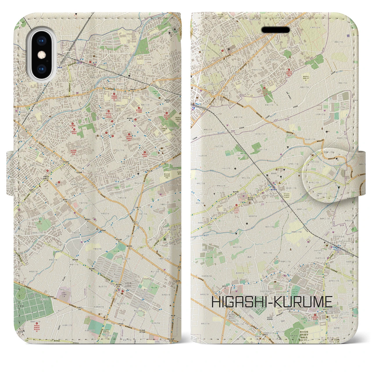 【東久留米(東京都)】地図柄iPhoneケース(手帳タイプ)ナチュラル・iPhone XS Max 用