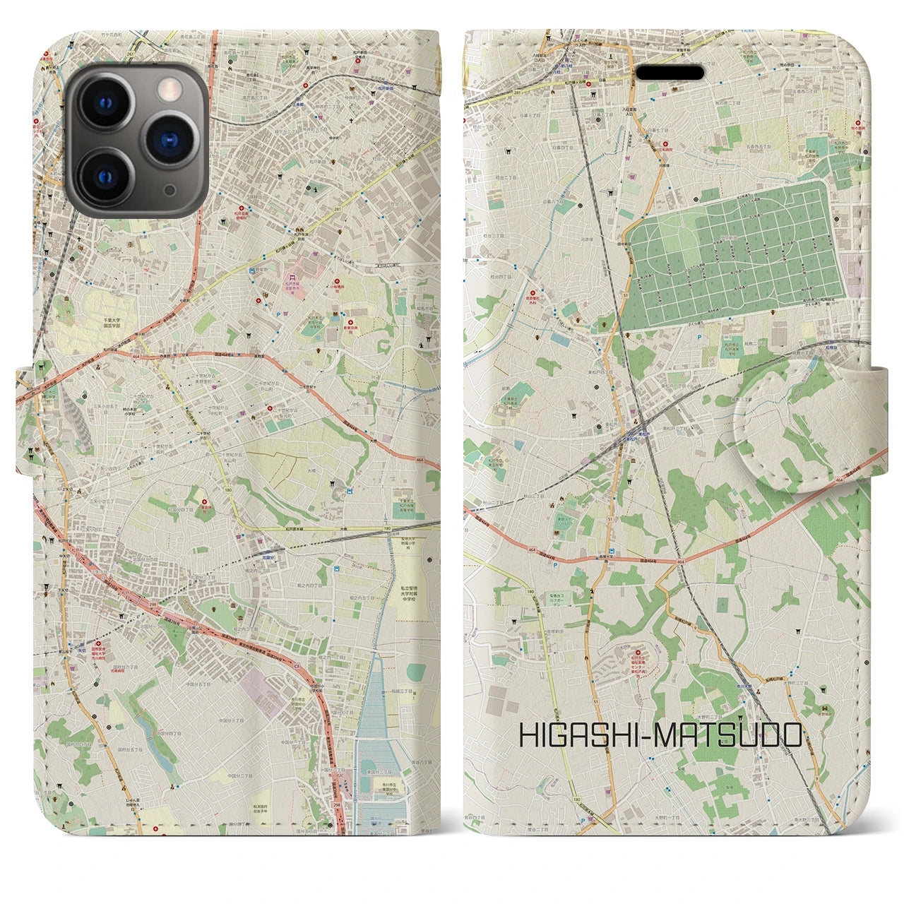 【東松戸(千葉県)】地図柄iPhoneケース(手帳タイプ)ナチュラル・iPhone 11 Pro Max 用