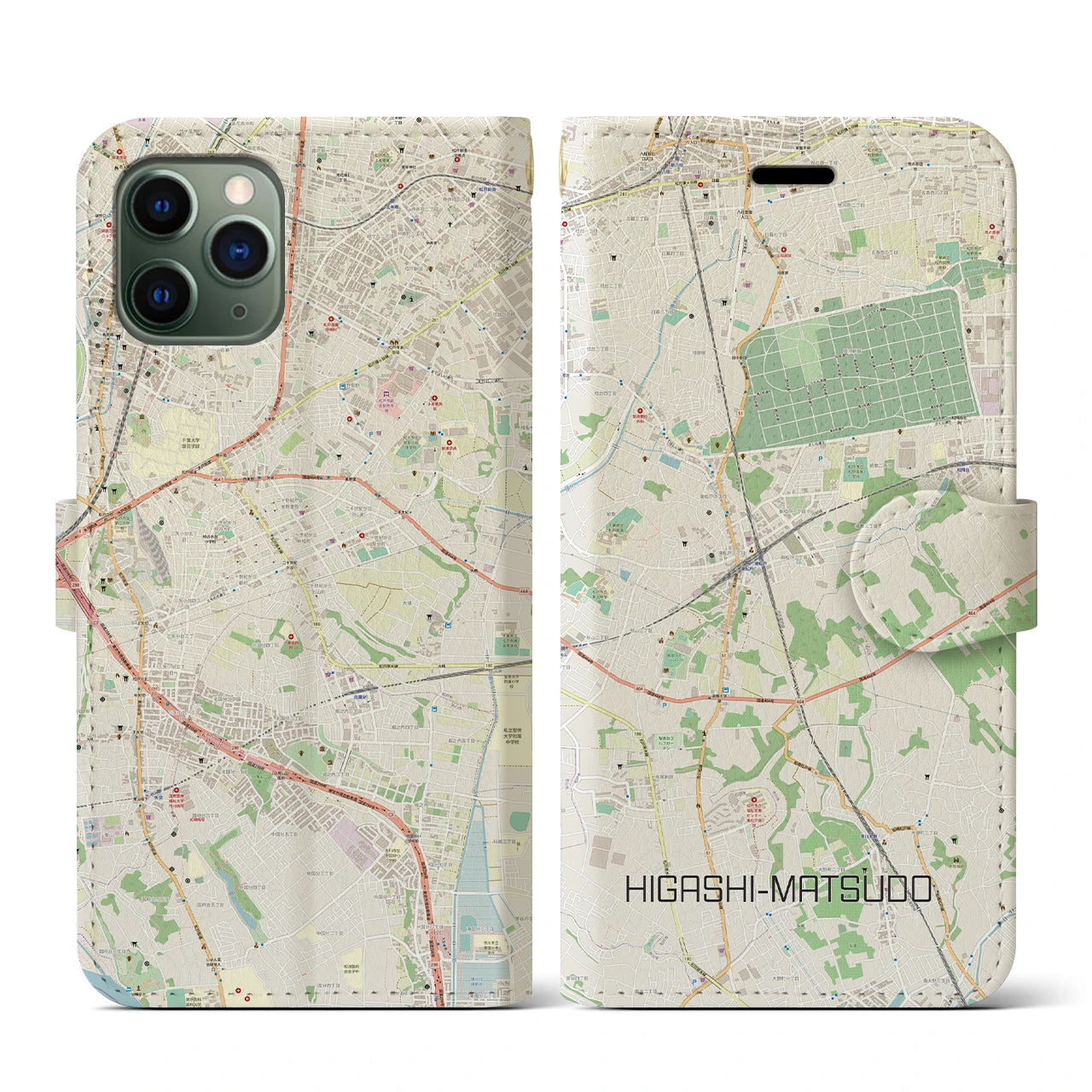 【東松戸(千葉県)】地図柄iPhoneケース(手帳タイプ)ナチュラル・iPhone 11 Pro 用