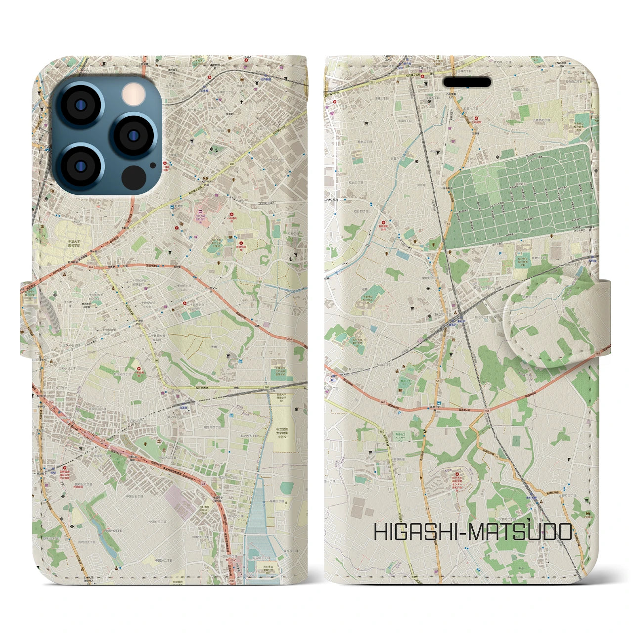 【東松戸(千葉県)】地図柄iPhoneケース(手帳タイプ)ナチュラル・iPhone 12 / 12 Pro 用
