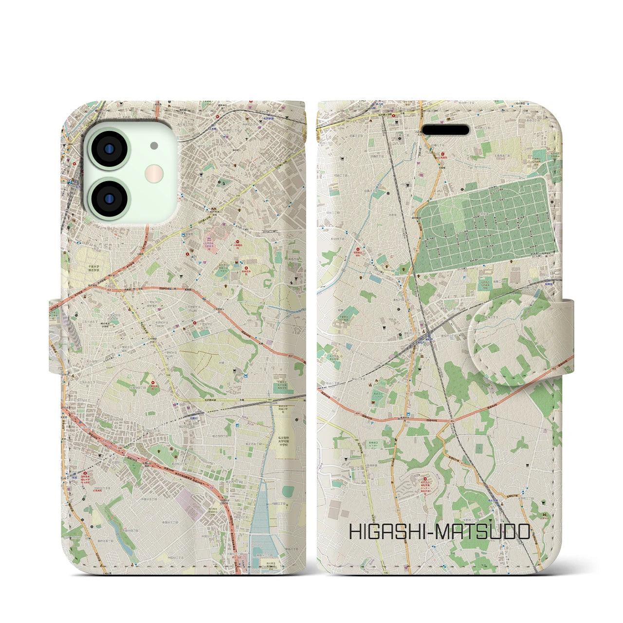 【東松戸(千葉県)】地図柄iPhoneケース(手帳タイプ)ナチュラル・iPhone 12 mini 用