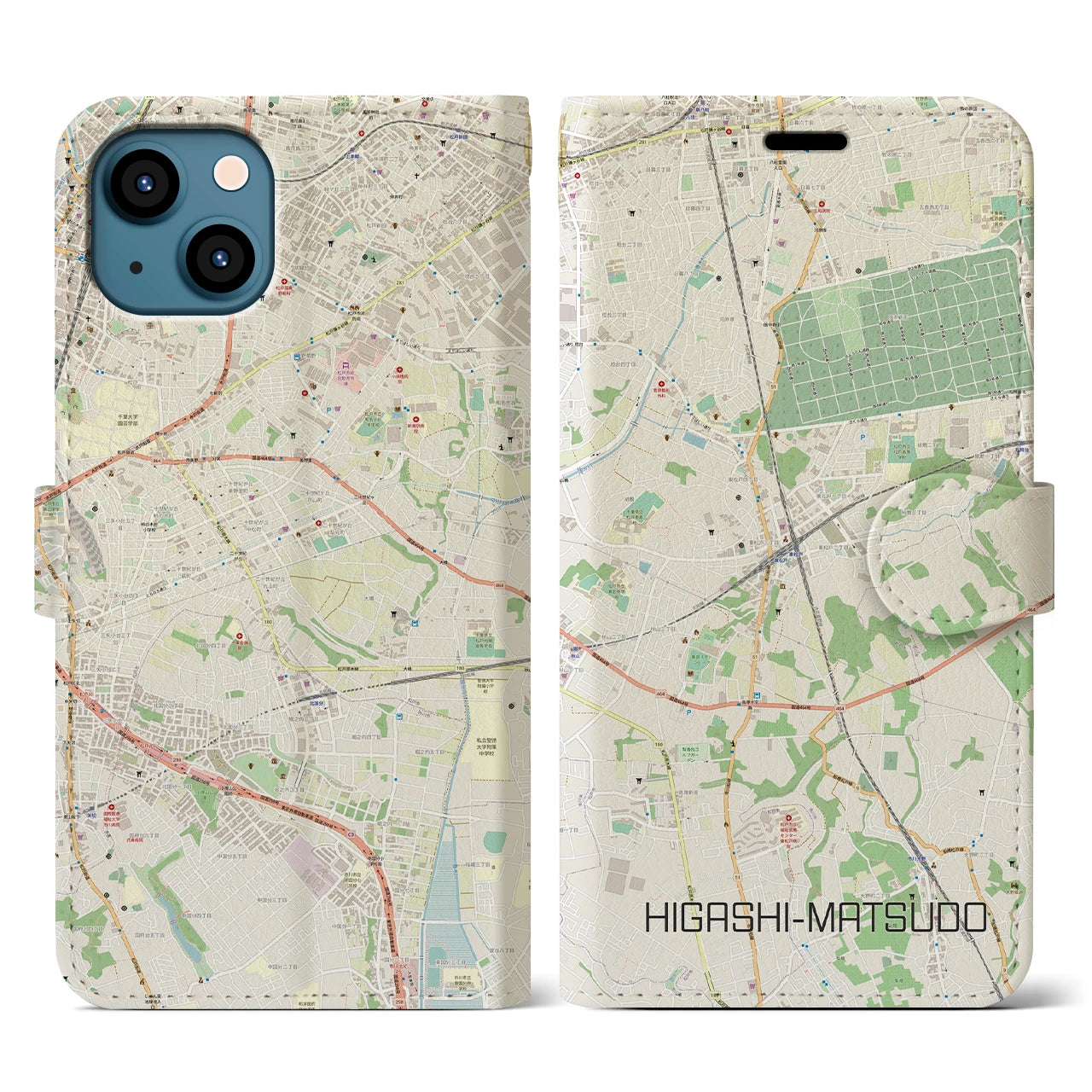 【東松戸(千葉県)】地図柄iPhoneケース(手帳タイプ)ナチュラル・iPhone 13 用