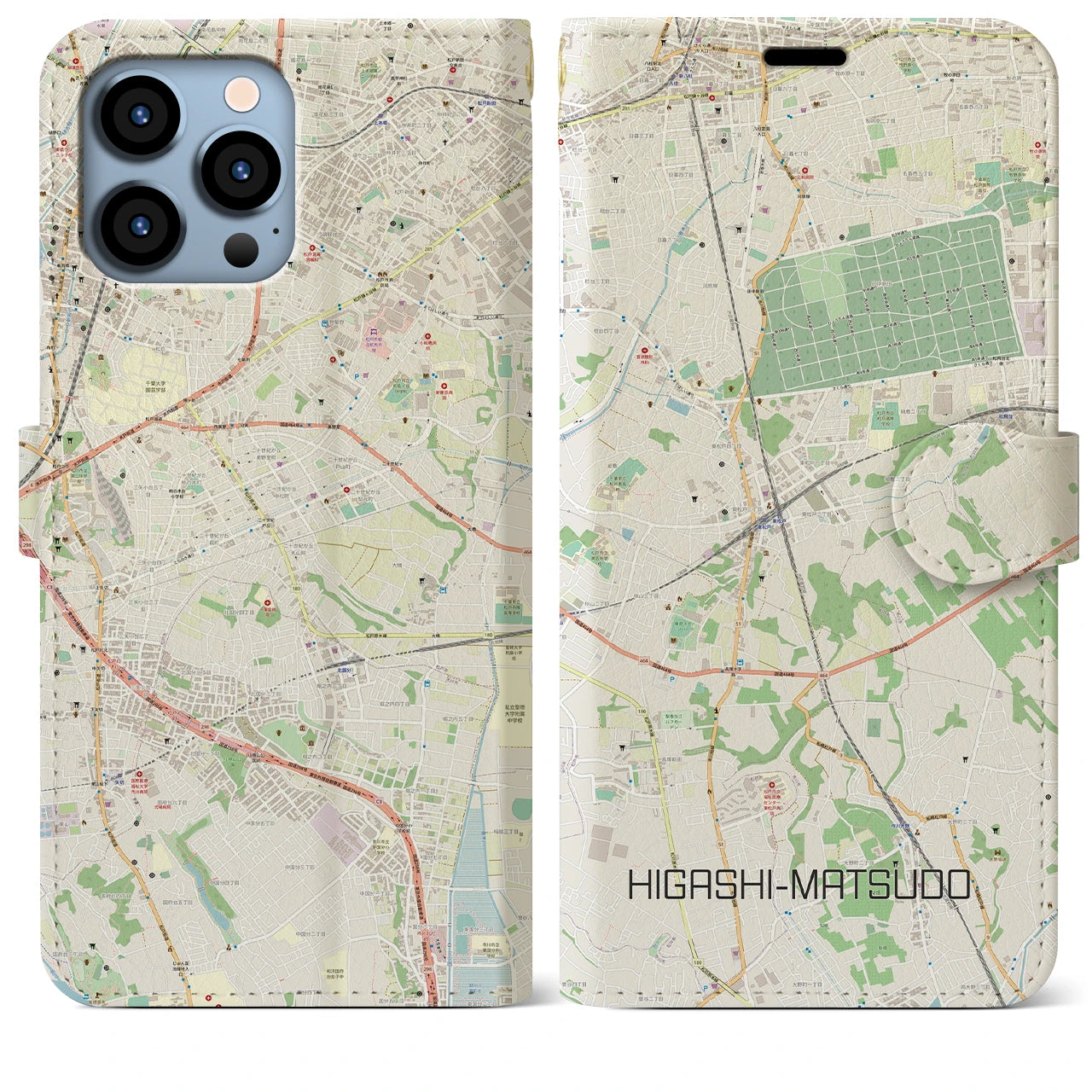 【東松戸(千葉県)】地図柄iPhoneケース(手帳タイプ)ナチュラル・iPhone 13 Pro Max 用