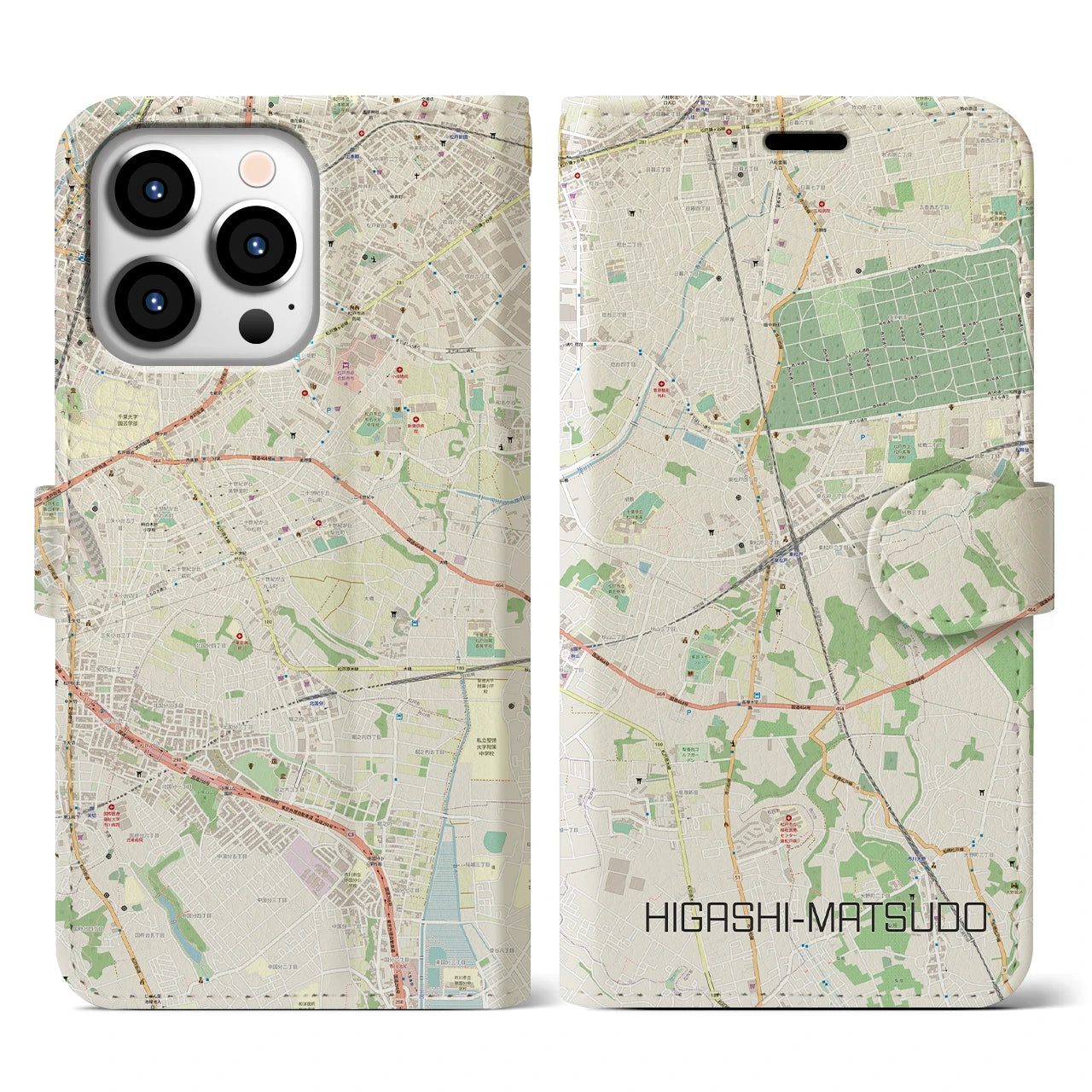 【東松戸(千葉県)】地図柄iPhoneケース(手帳タイプ)ナチュラル・iPhone 13 Pro 用