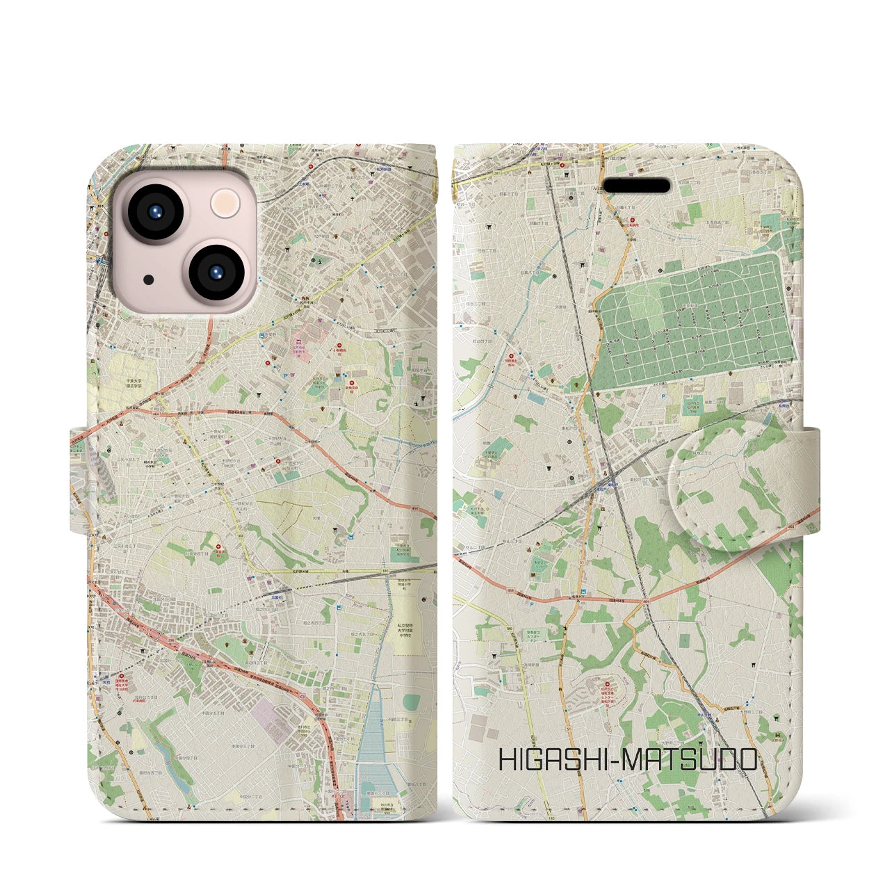 【東松戸(千葉県)】地図柄iPhoneケース(手帳タイプ)ナチュラル・iPhone 13 mini 用
