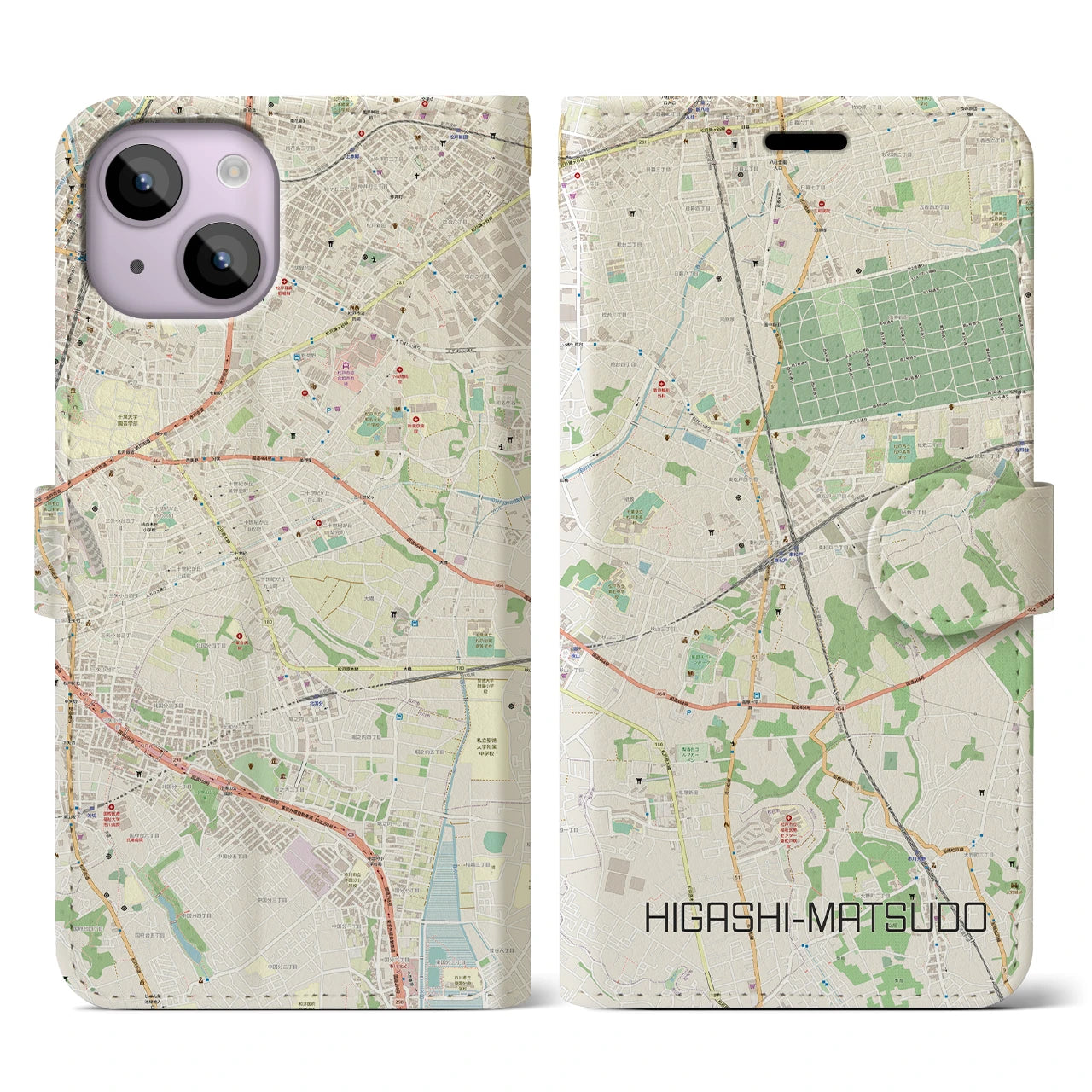【東松戸(千葉県)】地図柄iPhoneケース(手帳タイプ)ナチュラル・iPhone 14 用