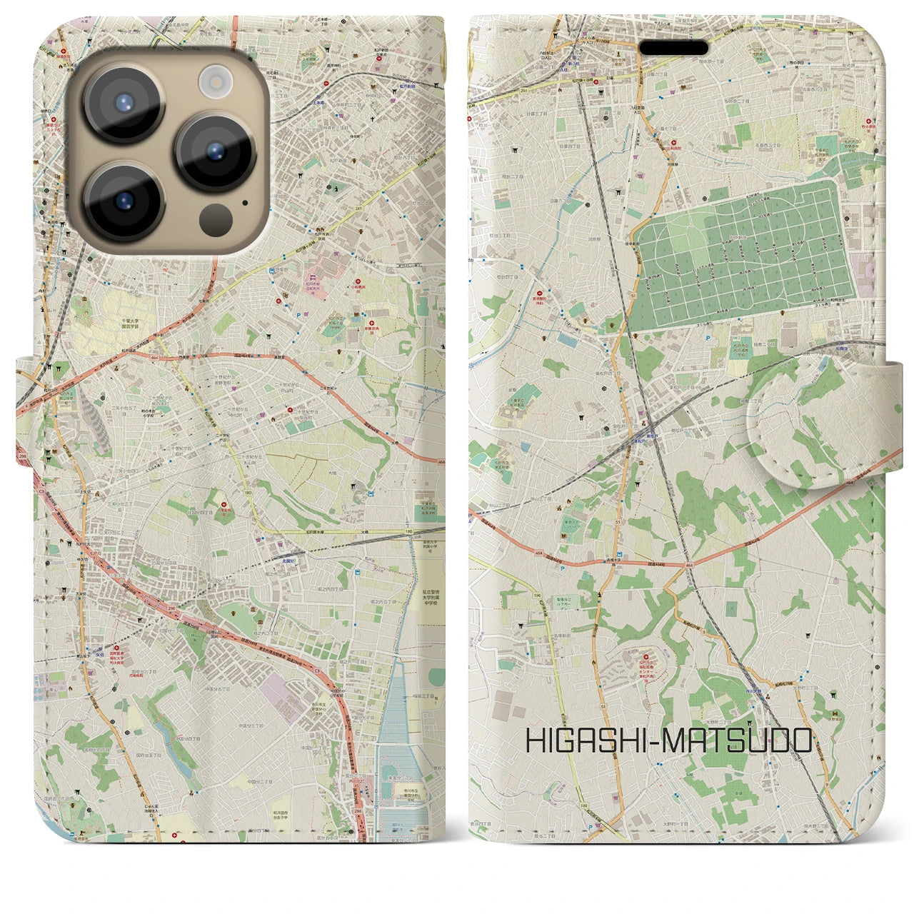 【東松戸(千葉県)】地図柄iPhoneケース(手帳タイプ)ナチュラル・iPhone 14 Pro Max 用