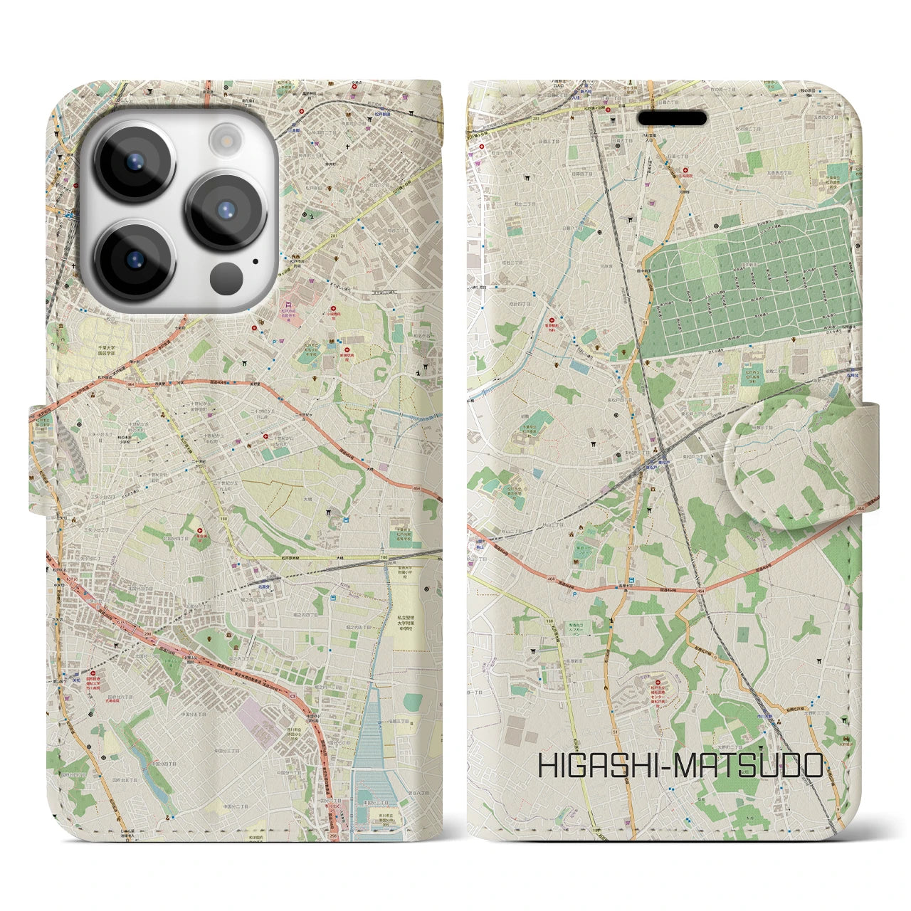 【東松戸(千葉県)】地図柄iPhoneケース(手帳タイプ)ナチュラル・iPhone 14 Pro 用